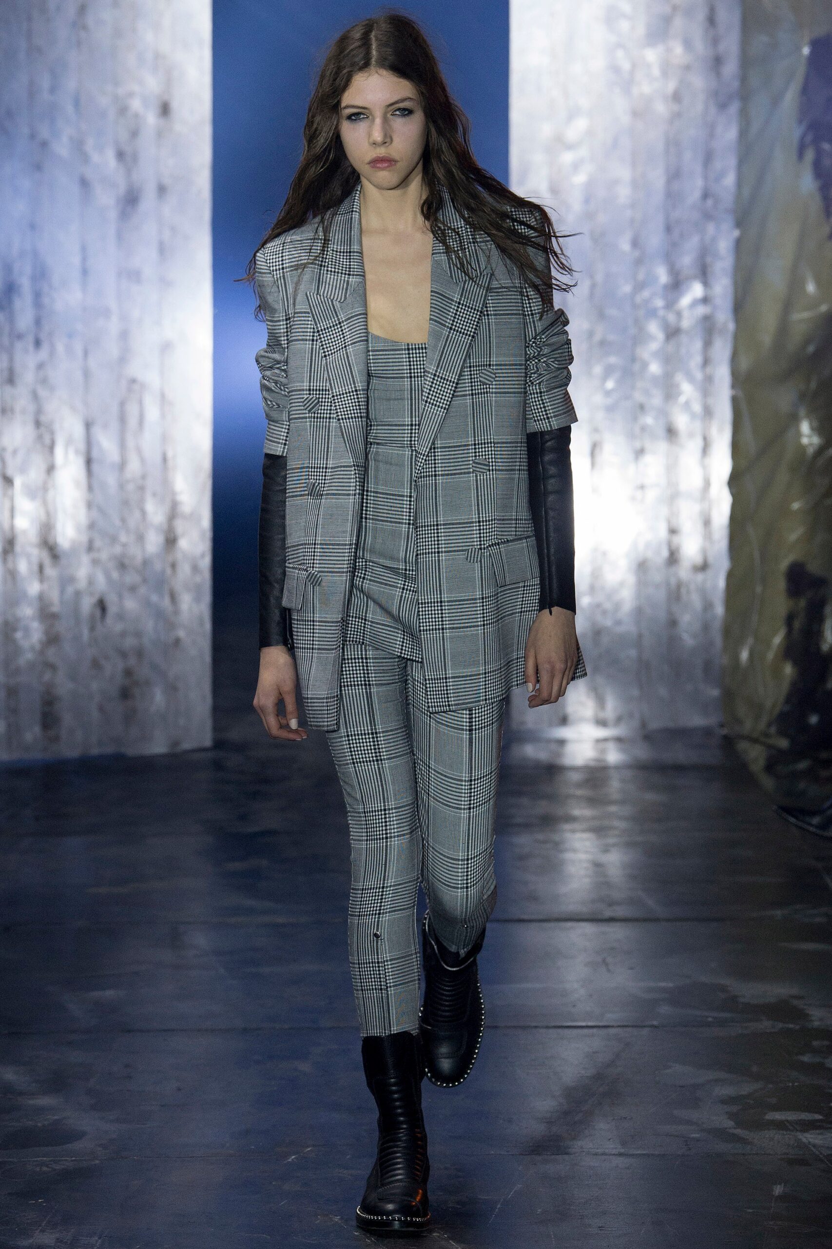 gray checked suit with boots