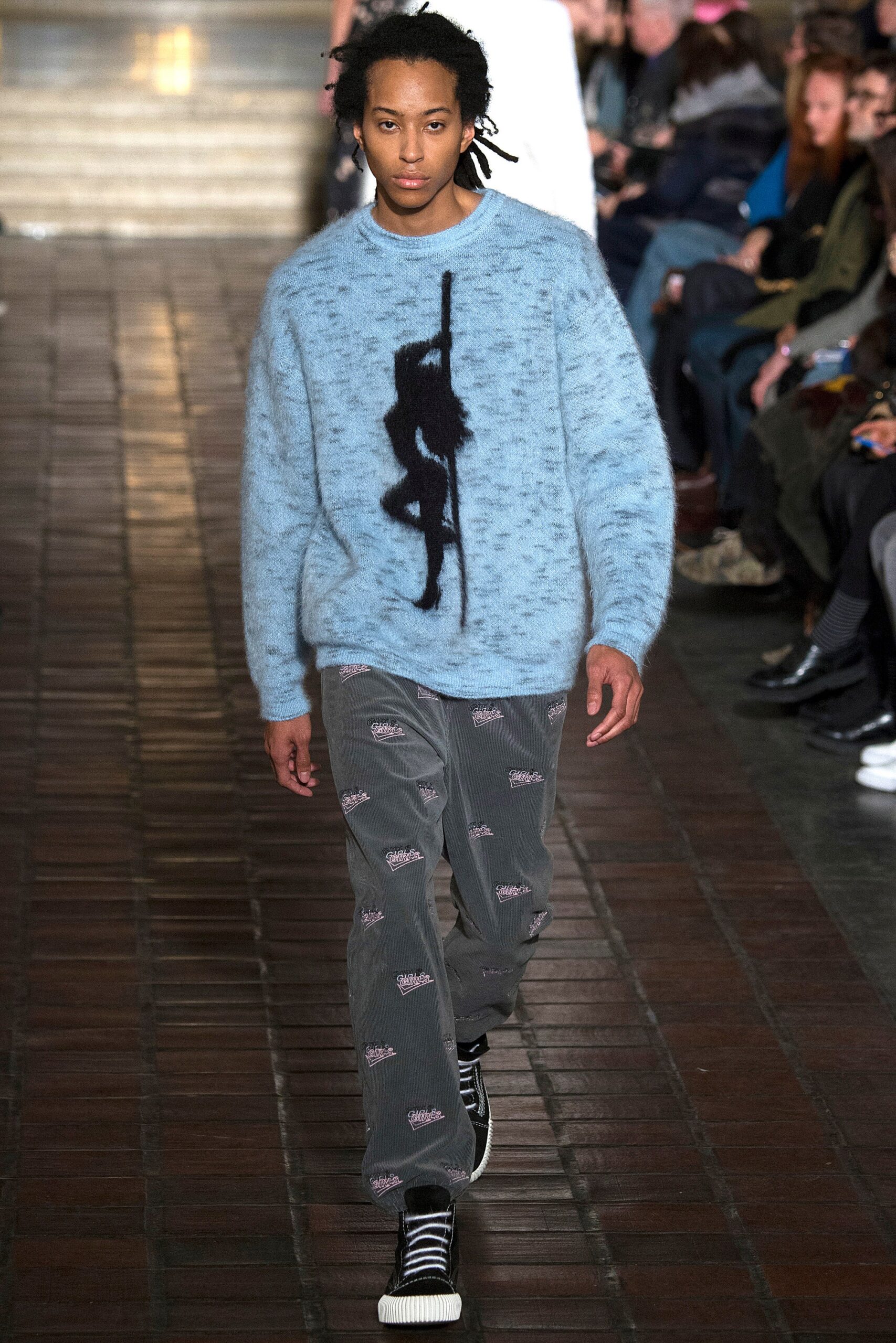 blue wool long-sleeve relaxed embroidered sweater