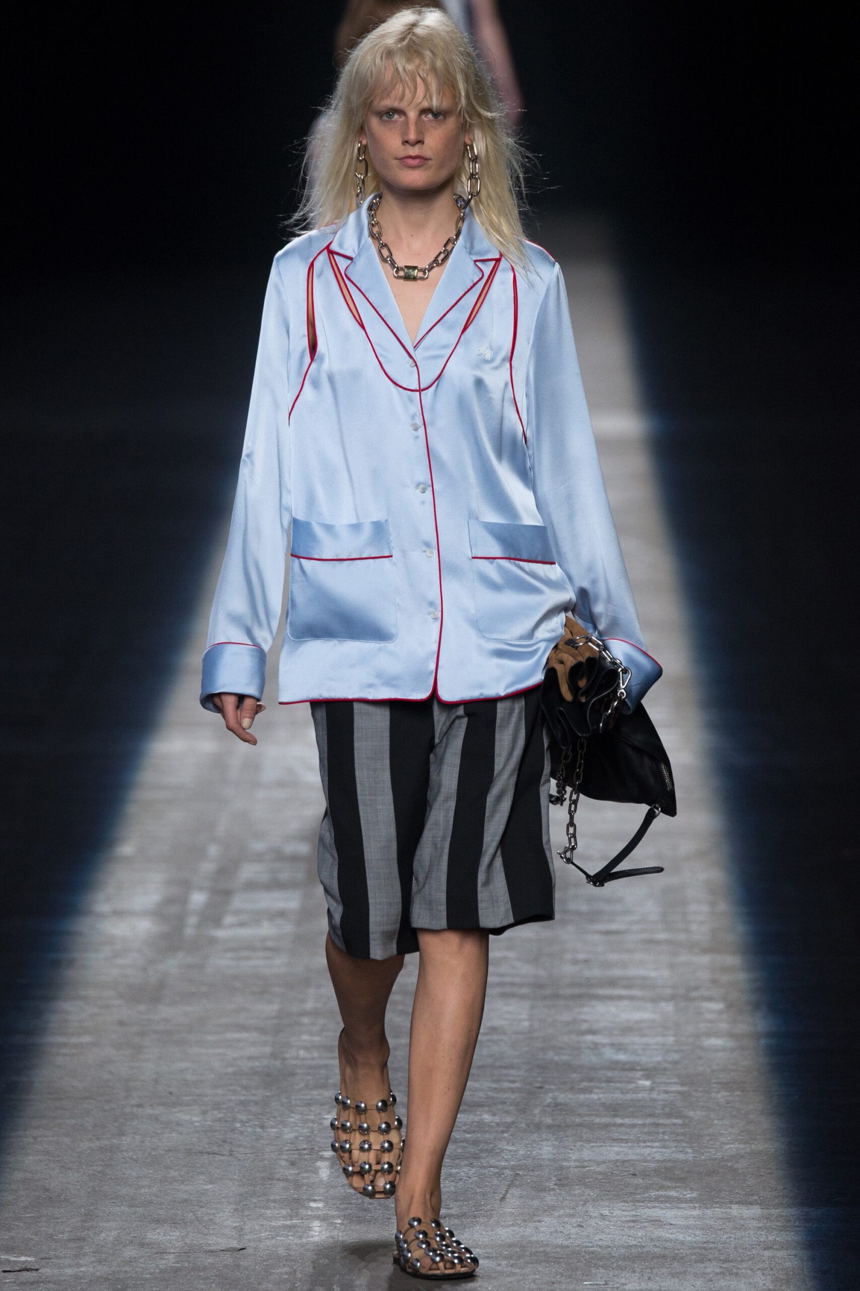 blue silk jacket with striped shorts