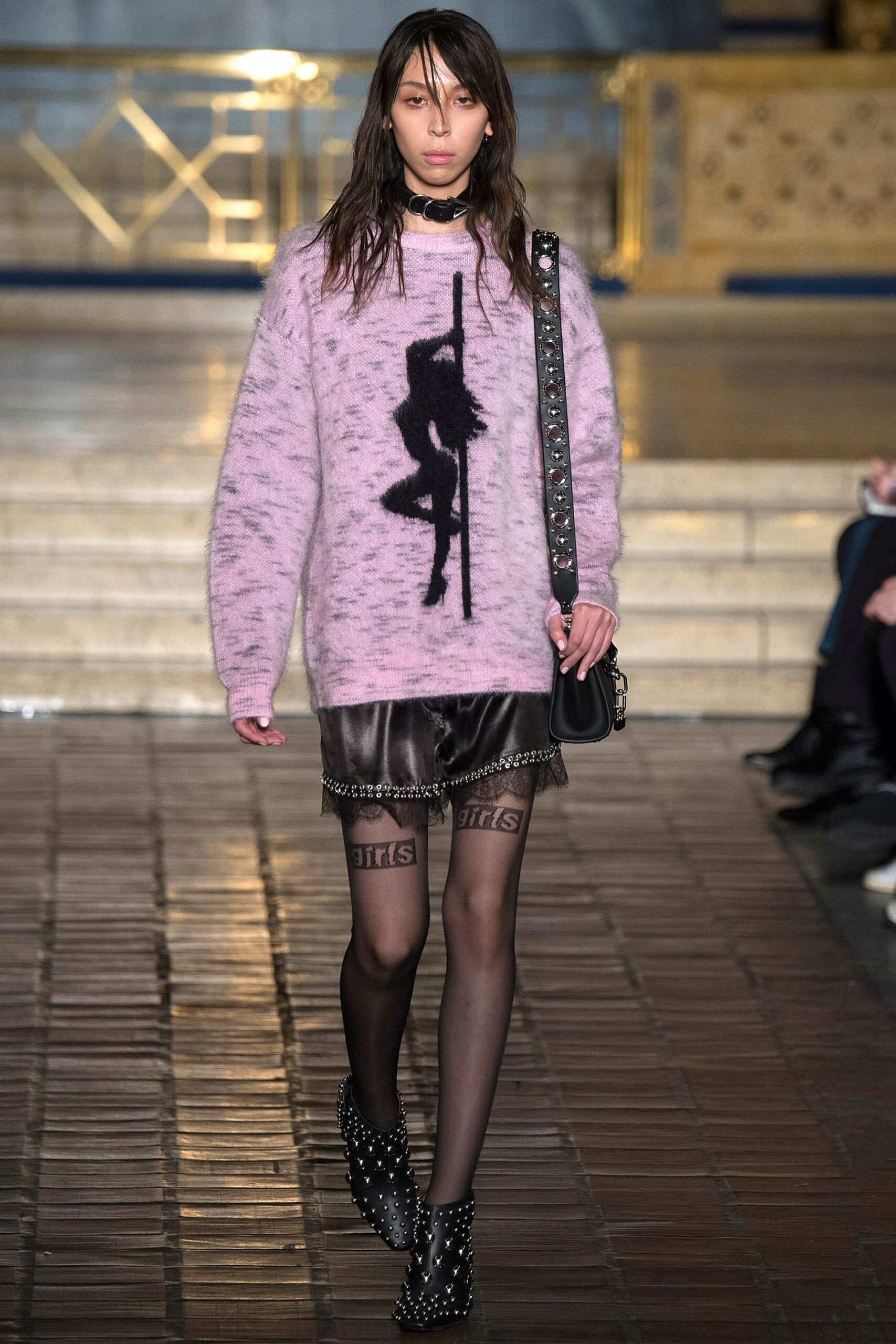 pink wool long-sleeve collared oversized printed sweater