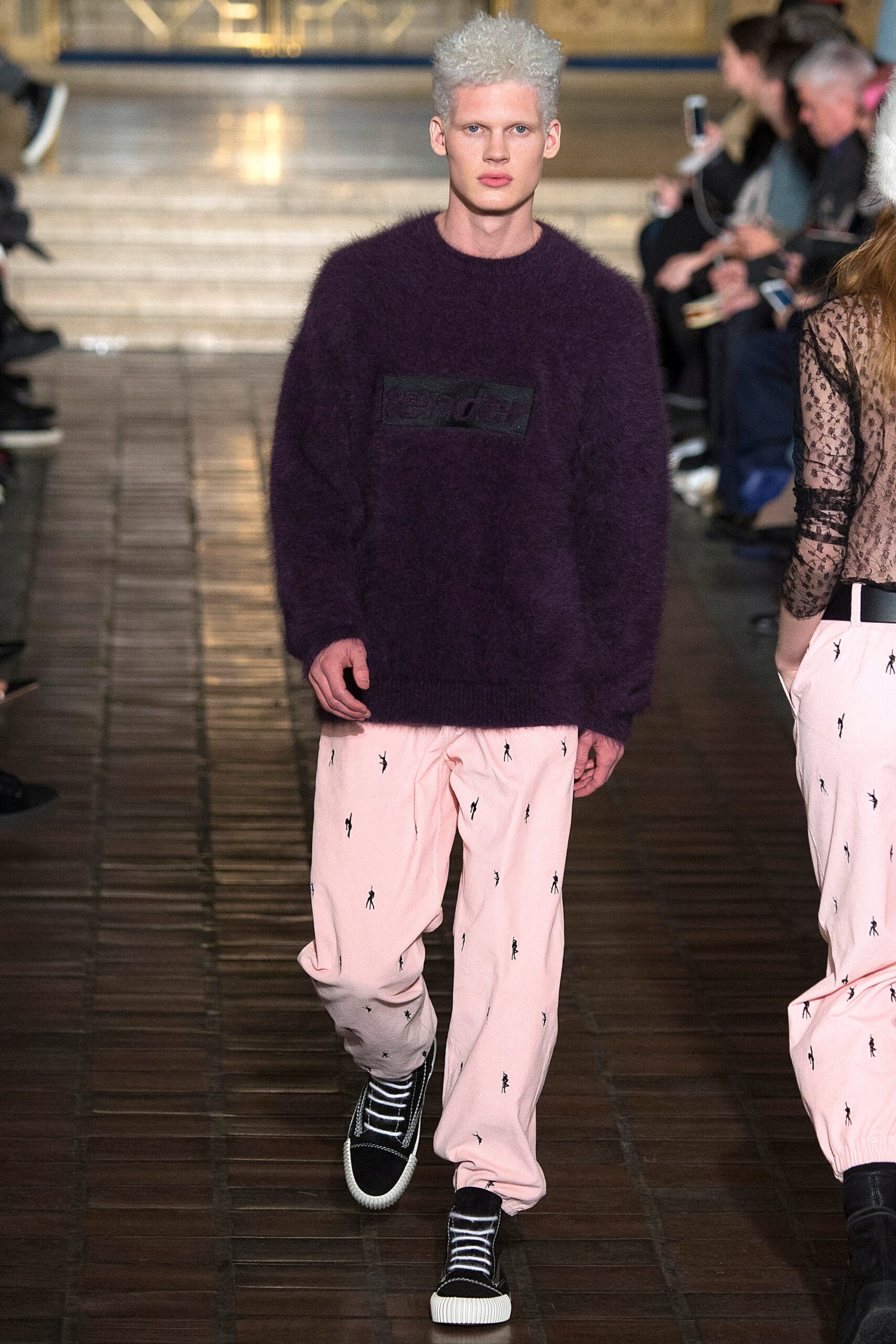 purple relaxed sweater with pink pants