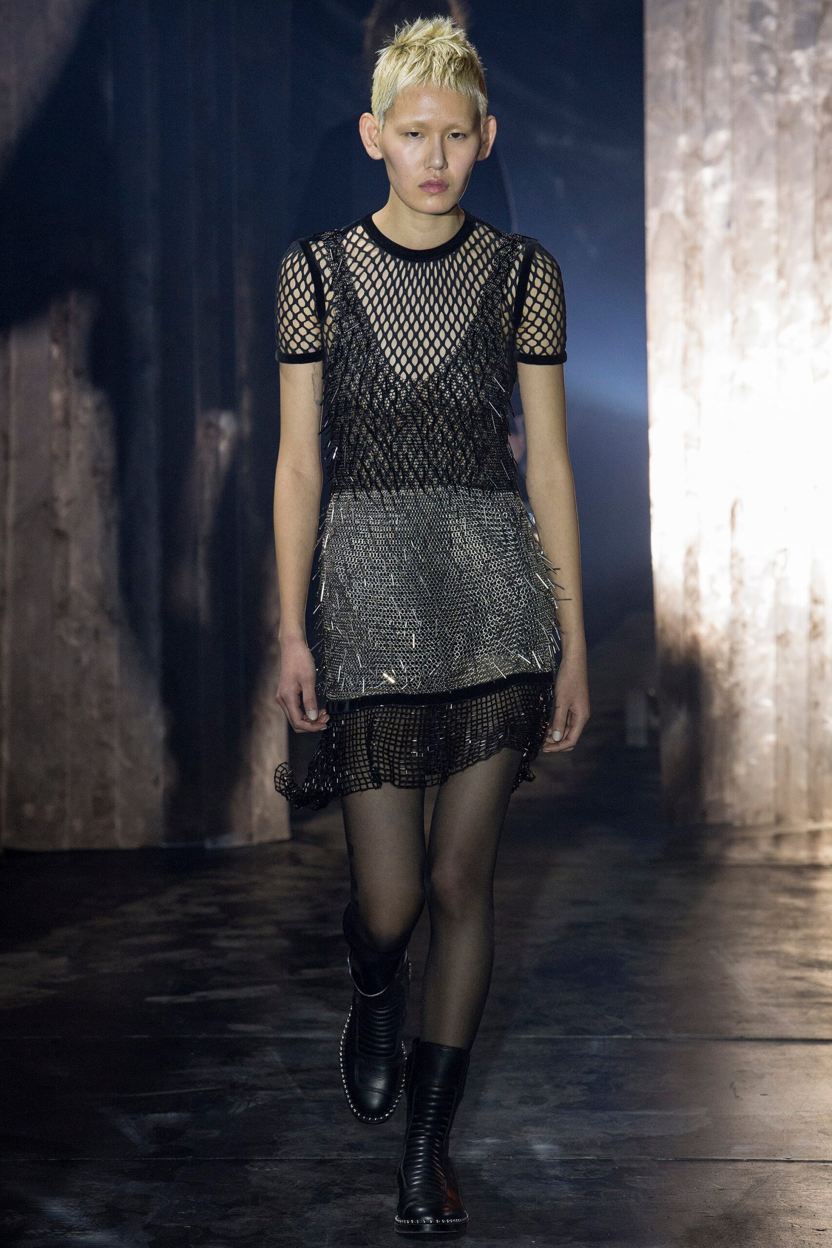 black mesh short-sleeve v-neck fitted layered fringed dress