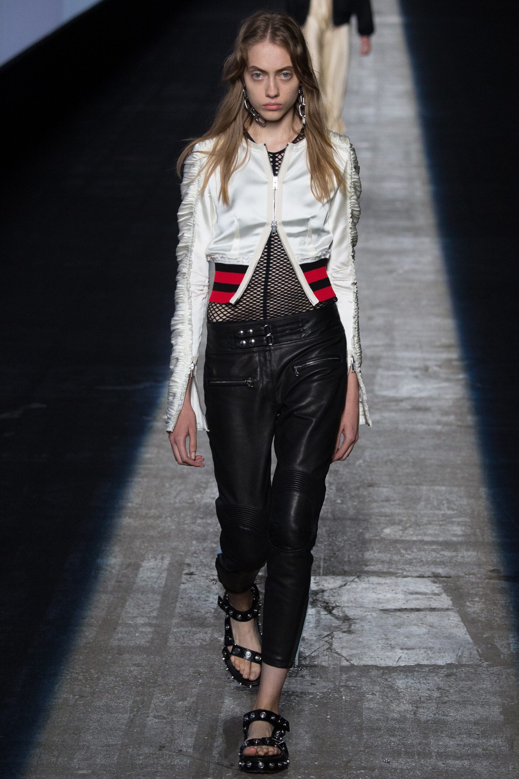 fitted white silk jacket with black mesh top