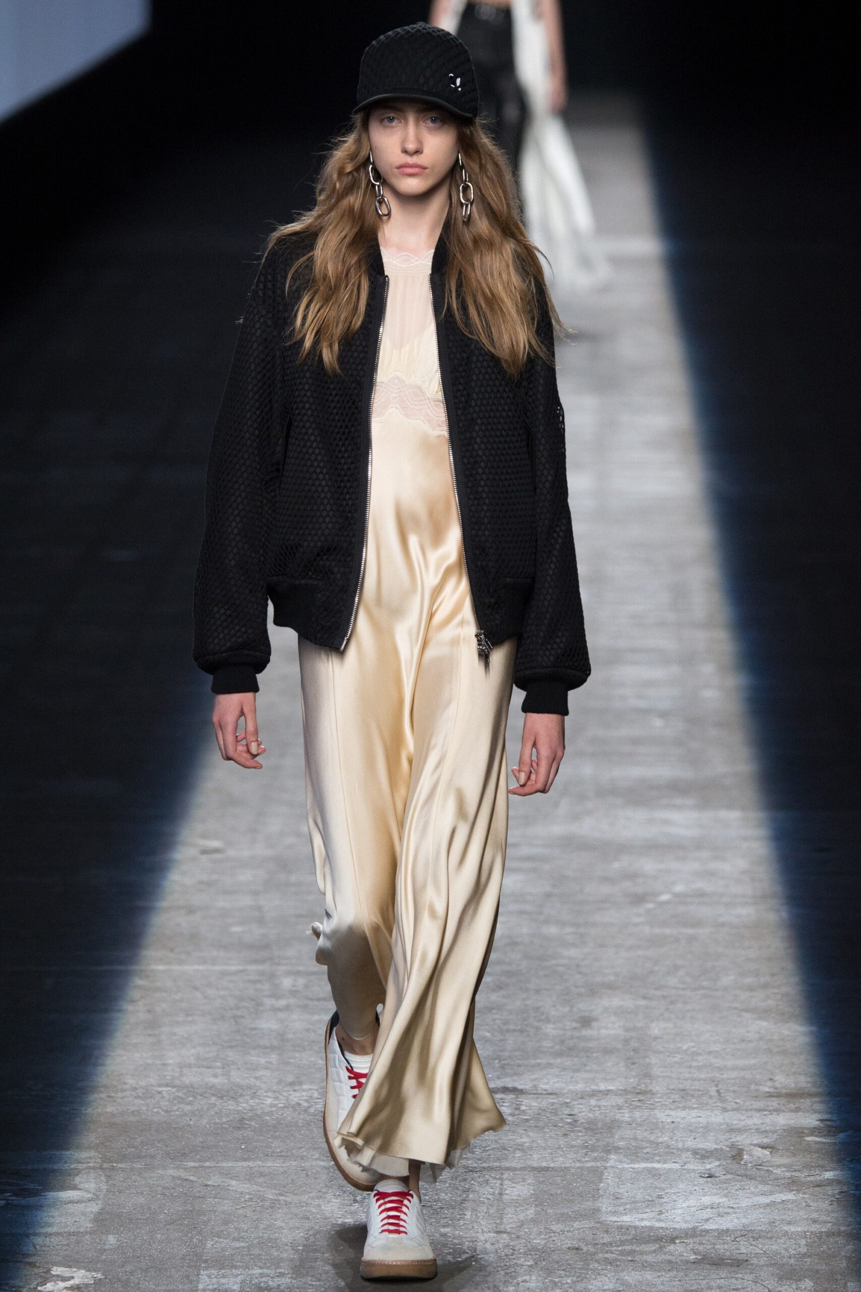 black relaxed jacket beige silk dress