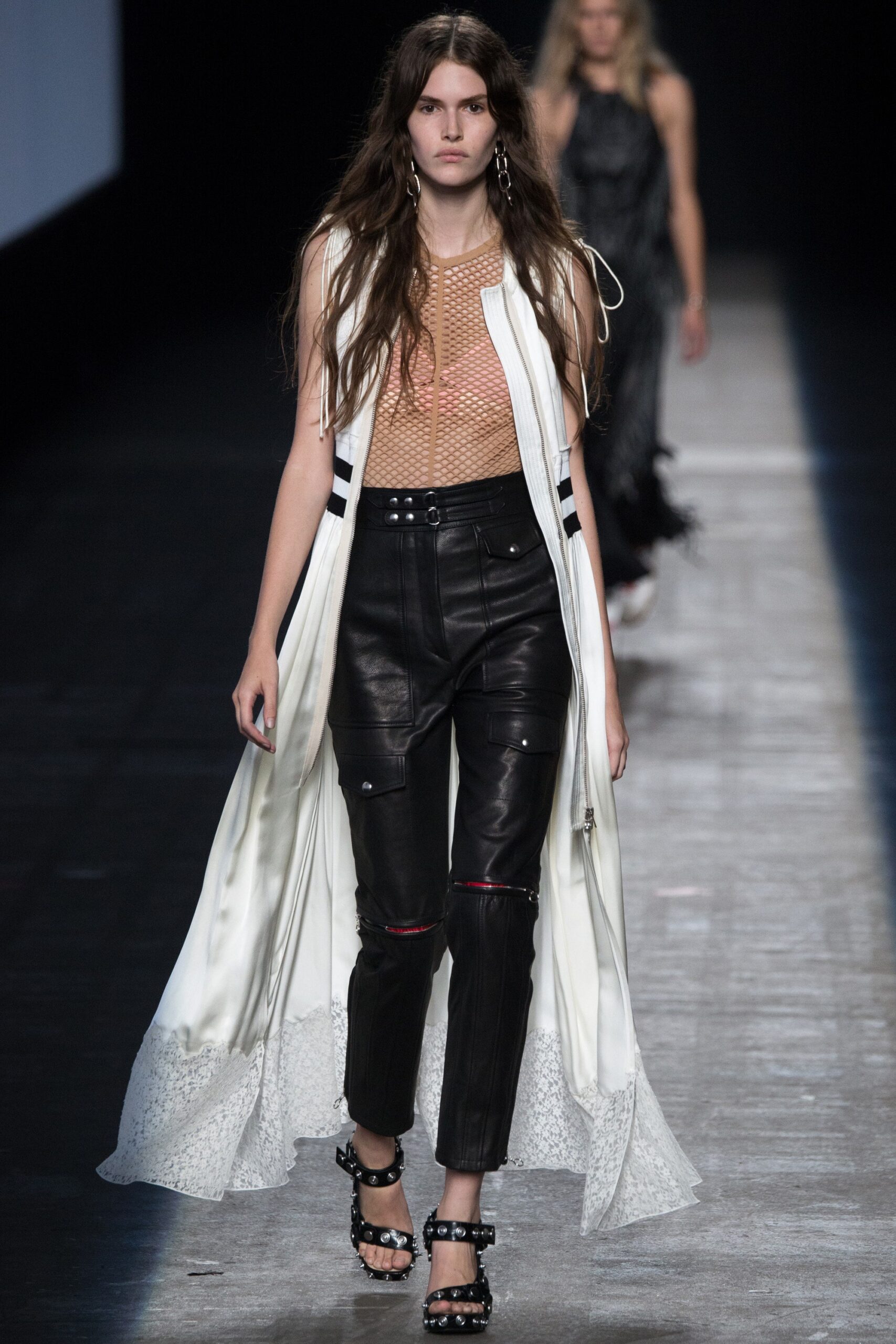 white silk sleeveless coat with mesh top