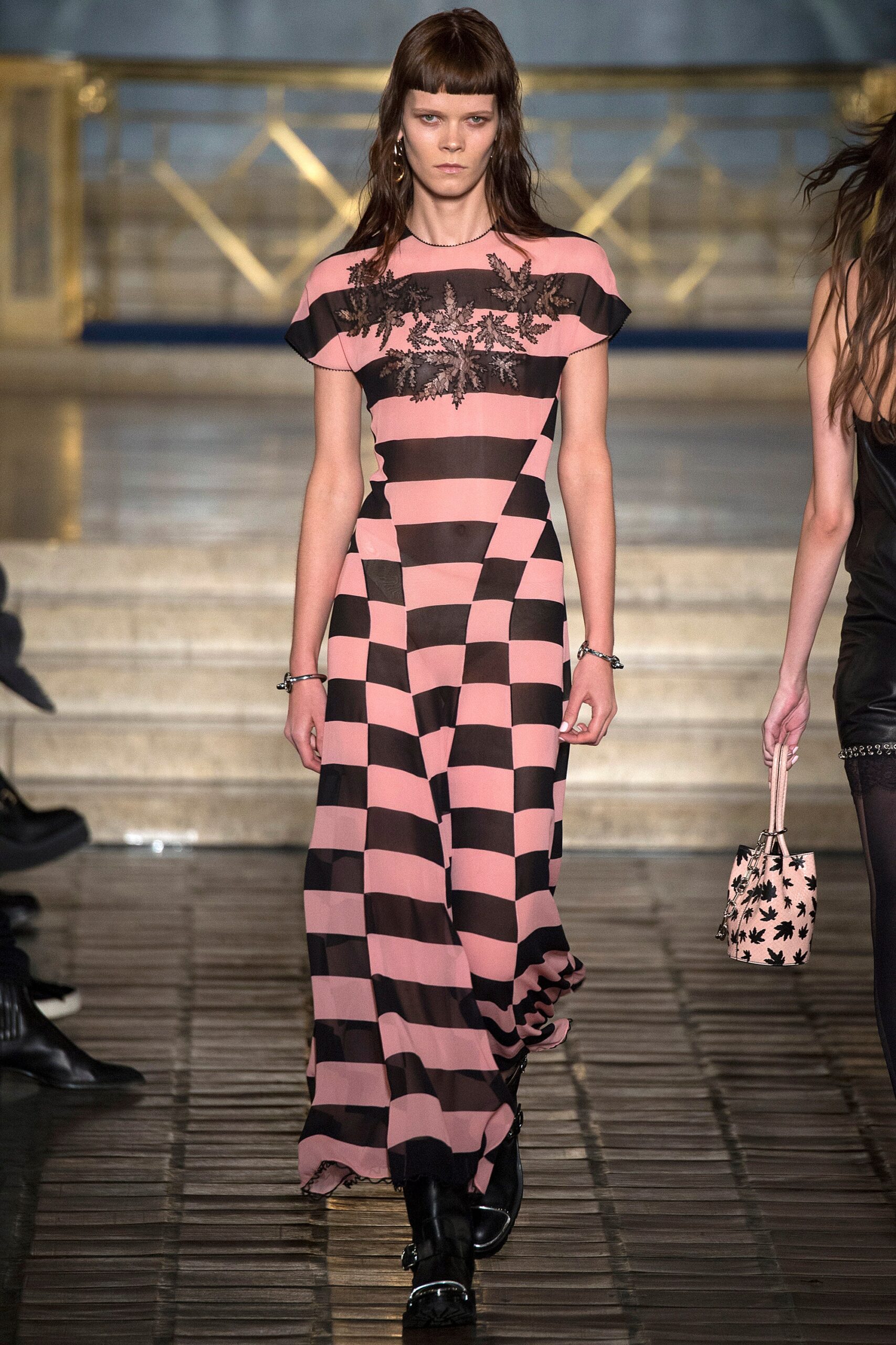pink and black striped maxi dress