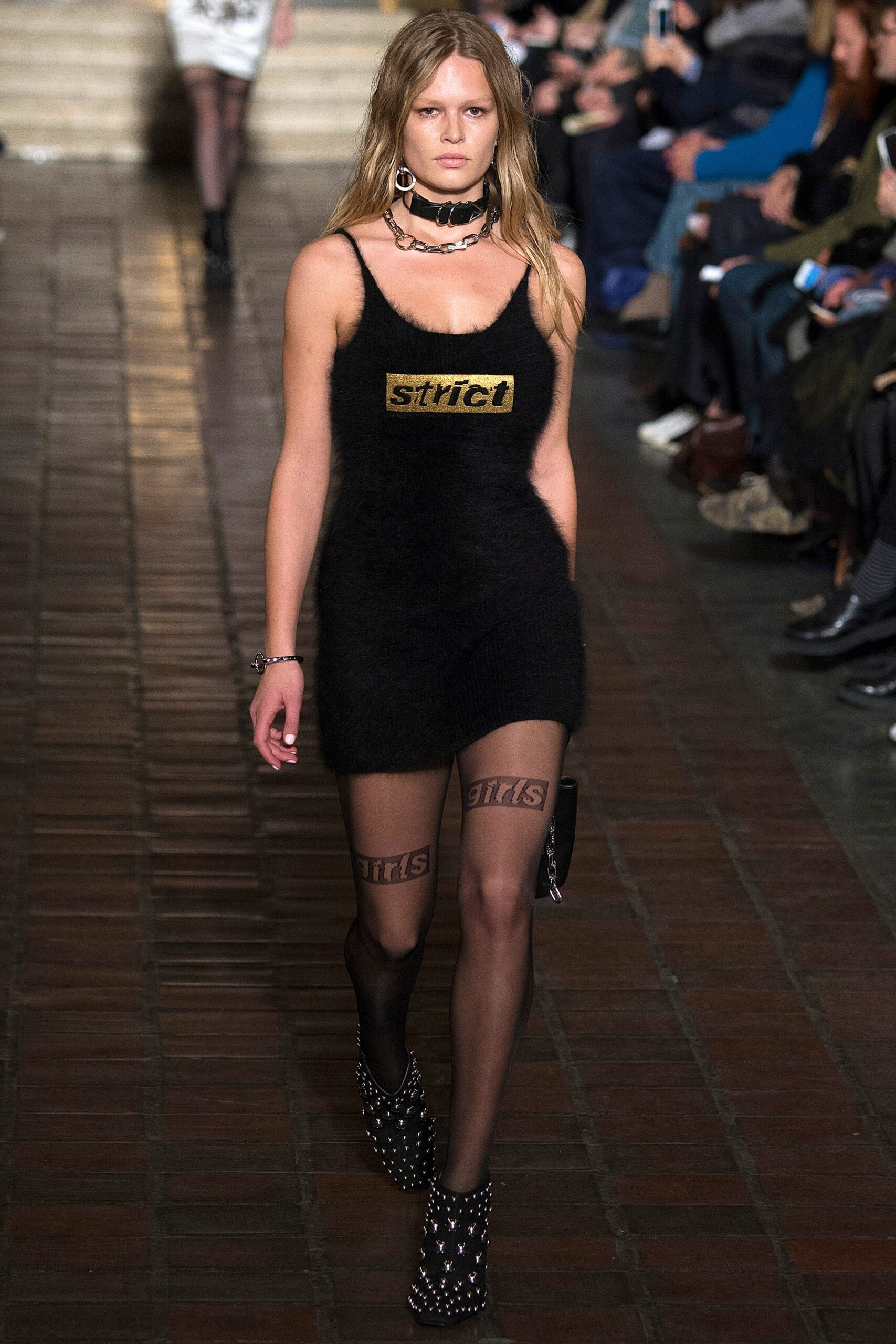 black wool sleeveless scoop-neck fitted embellished mini dress