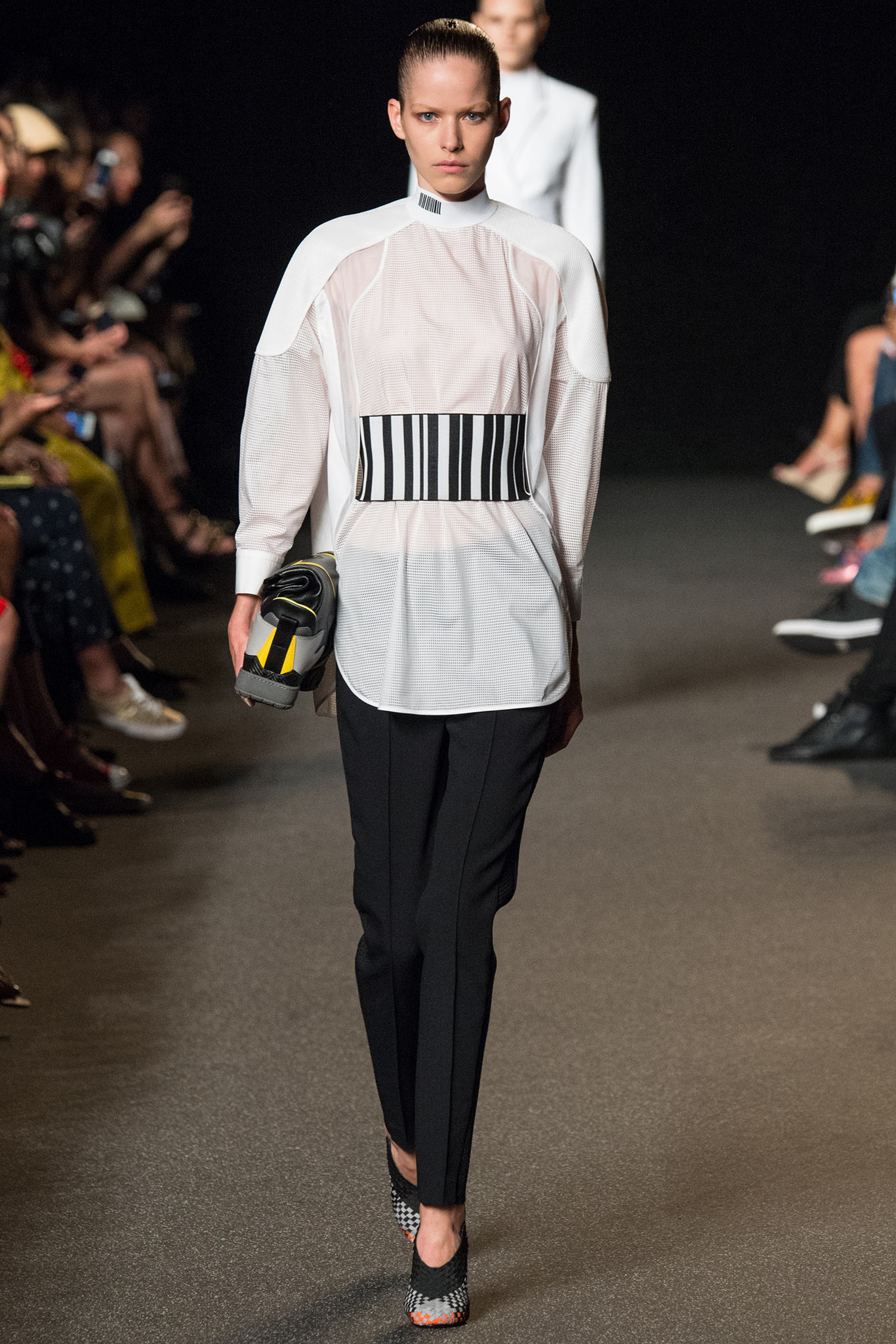 white fitted shirt black tailored pants