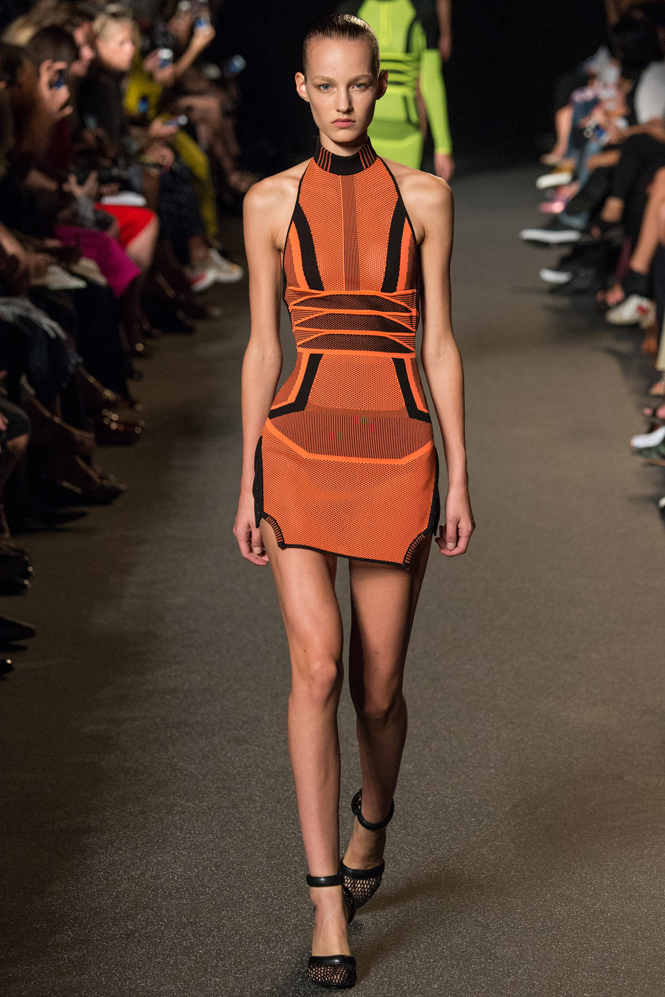 orange knit sleeveless high-neck fitted zippered mini dress