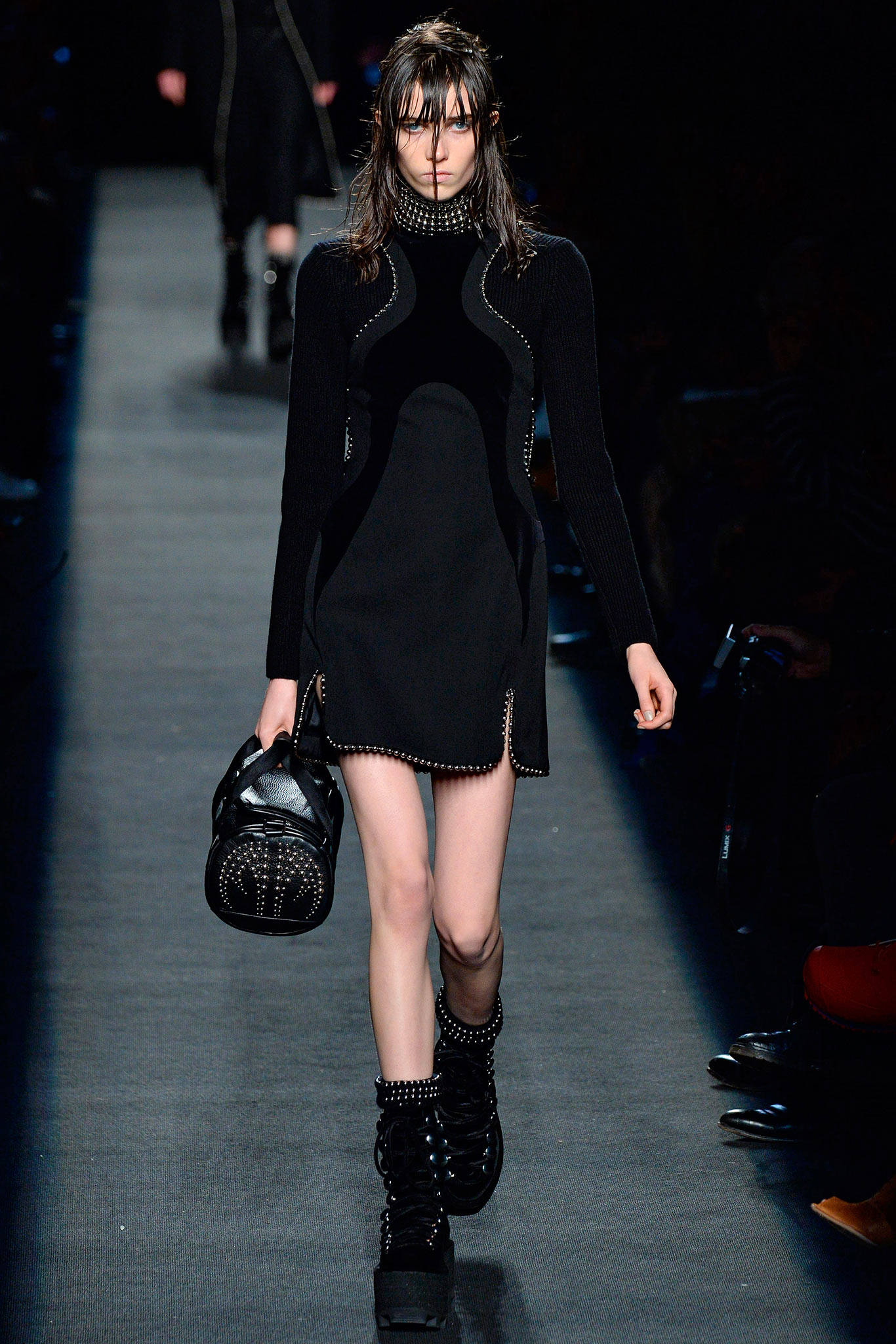 black wool long-sleeve high-neck fitted straight-leg zippered dress