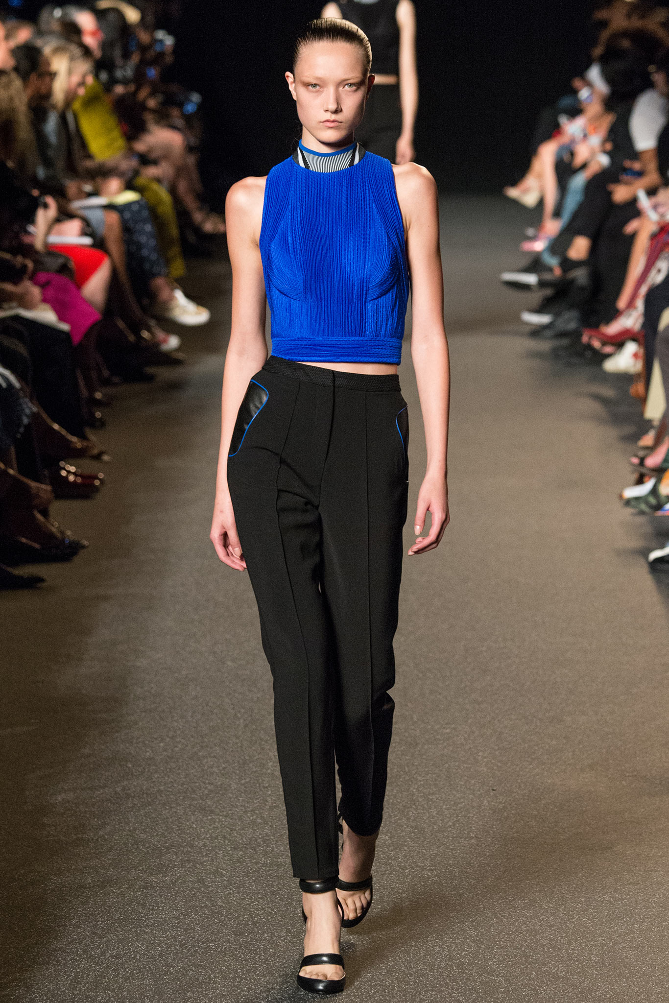 blue silk sleeveless high-neck fitted pleated cropped top