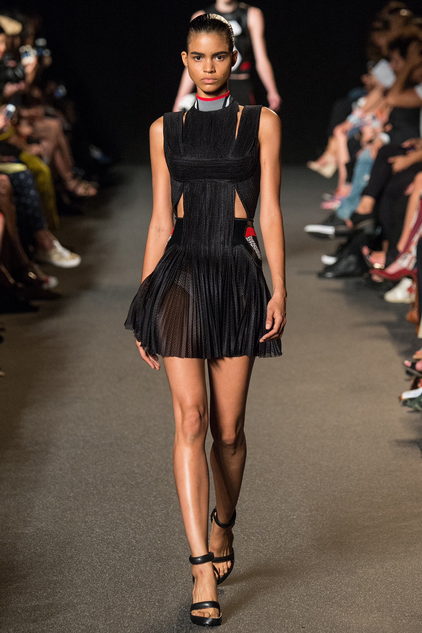 black pleated sleeveless mini dress