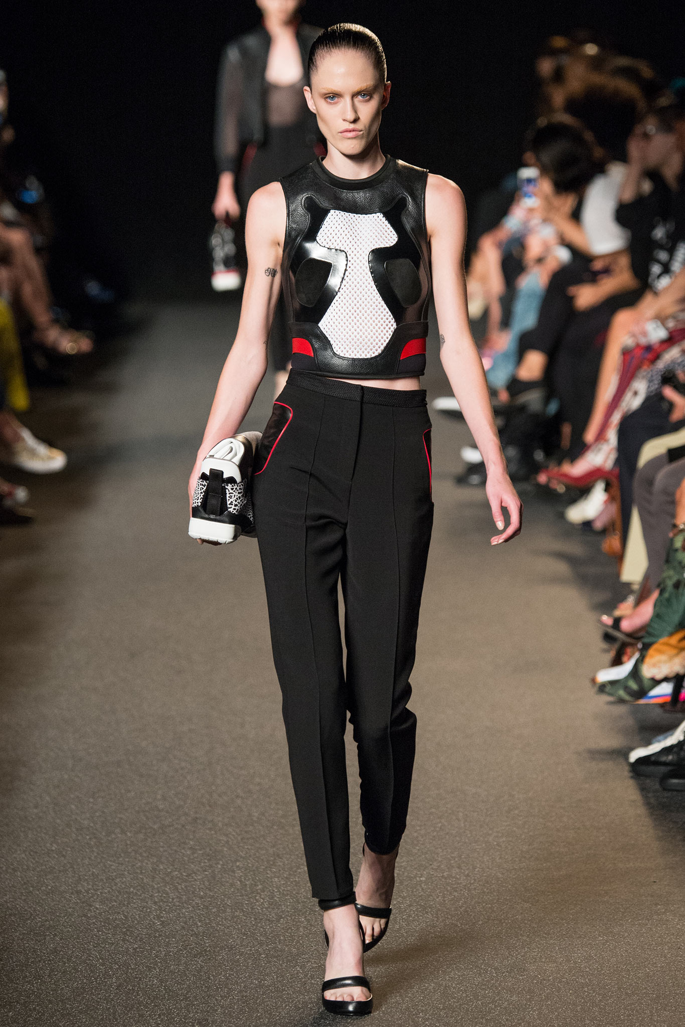 black mesh sleeveless high-neck fitted structured top