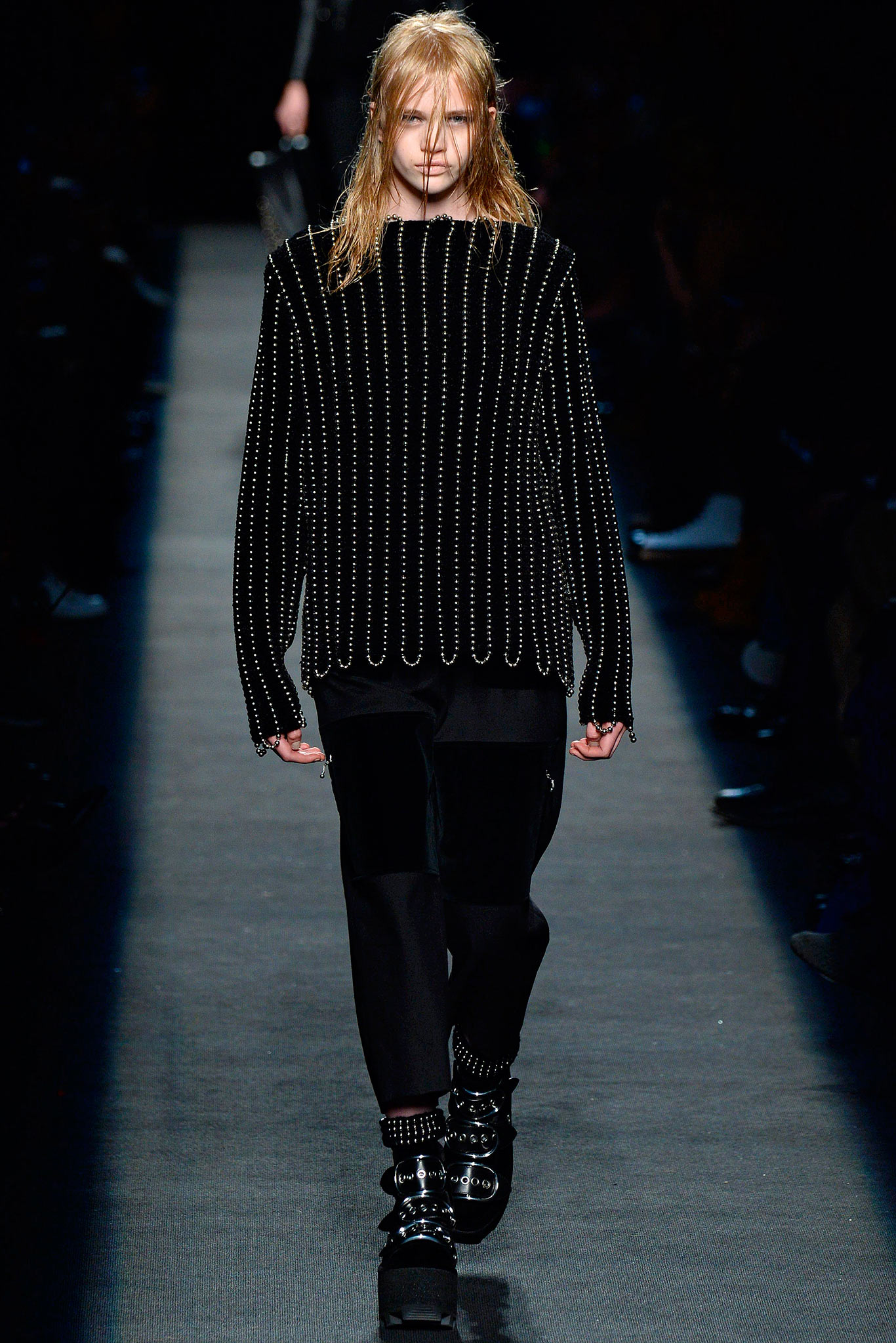 black knit long-sleeve collared relaxed striped sweater