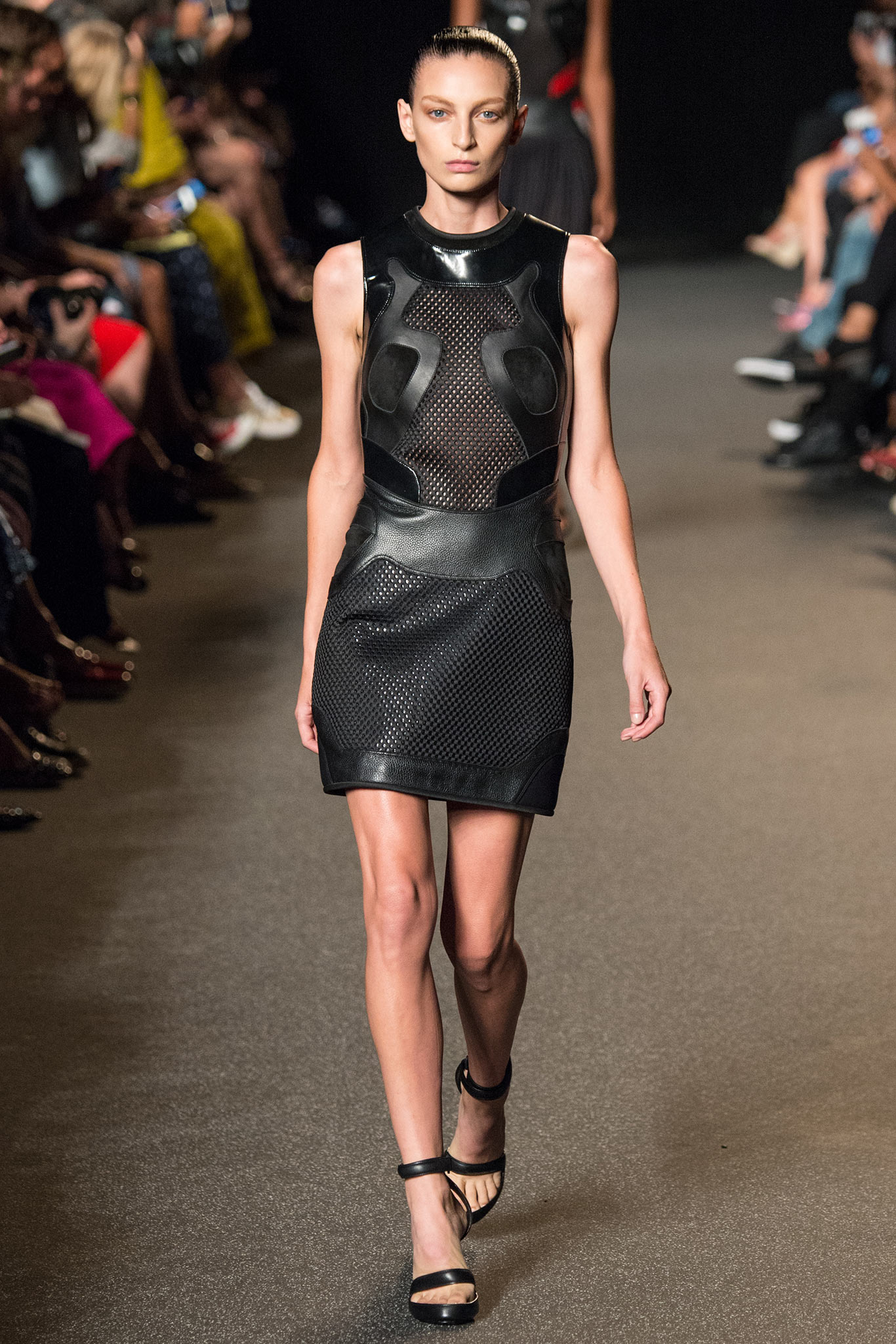 black leather mesh mini dress