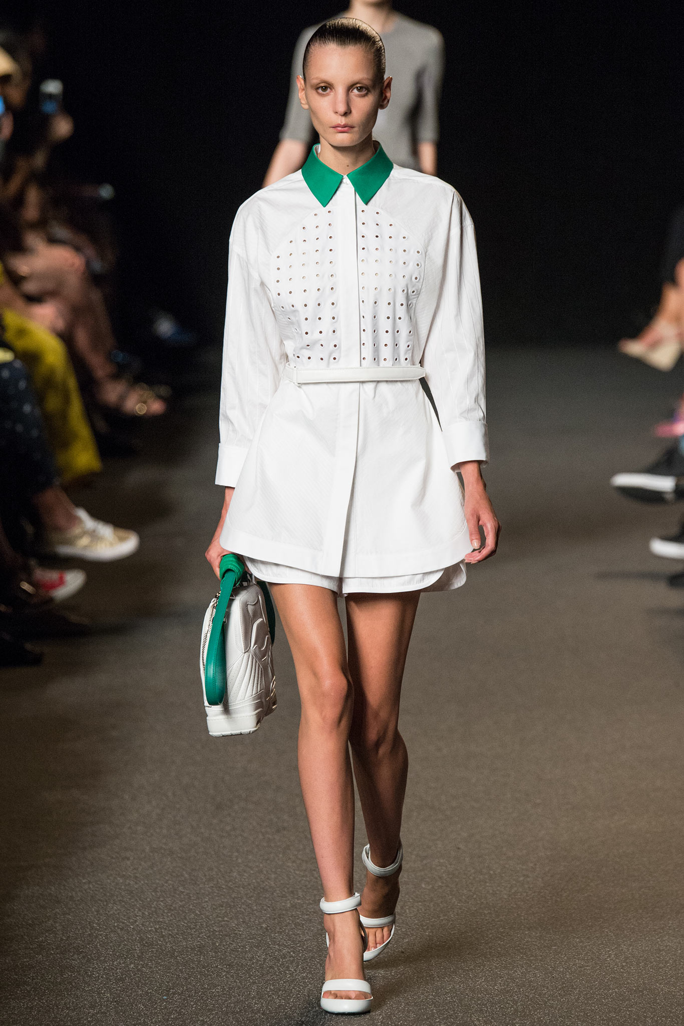 white cotton long-sleeve collared fitted buttoned pleated shirt-dress