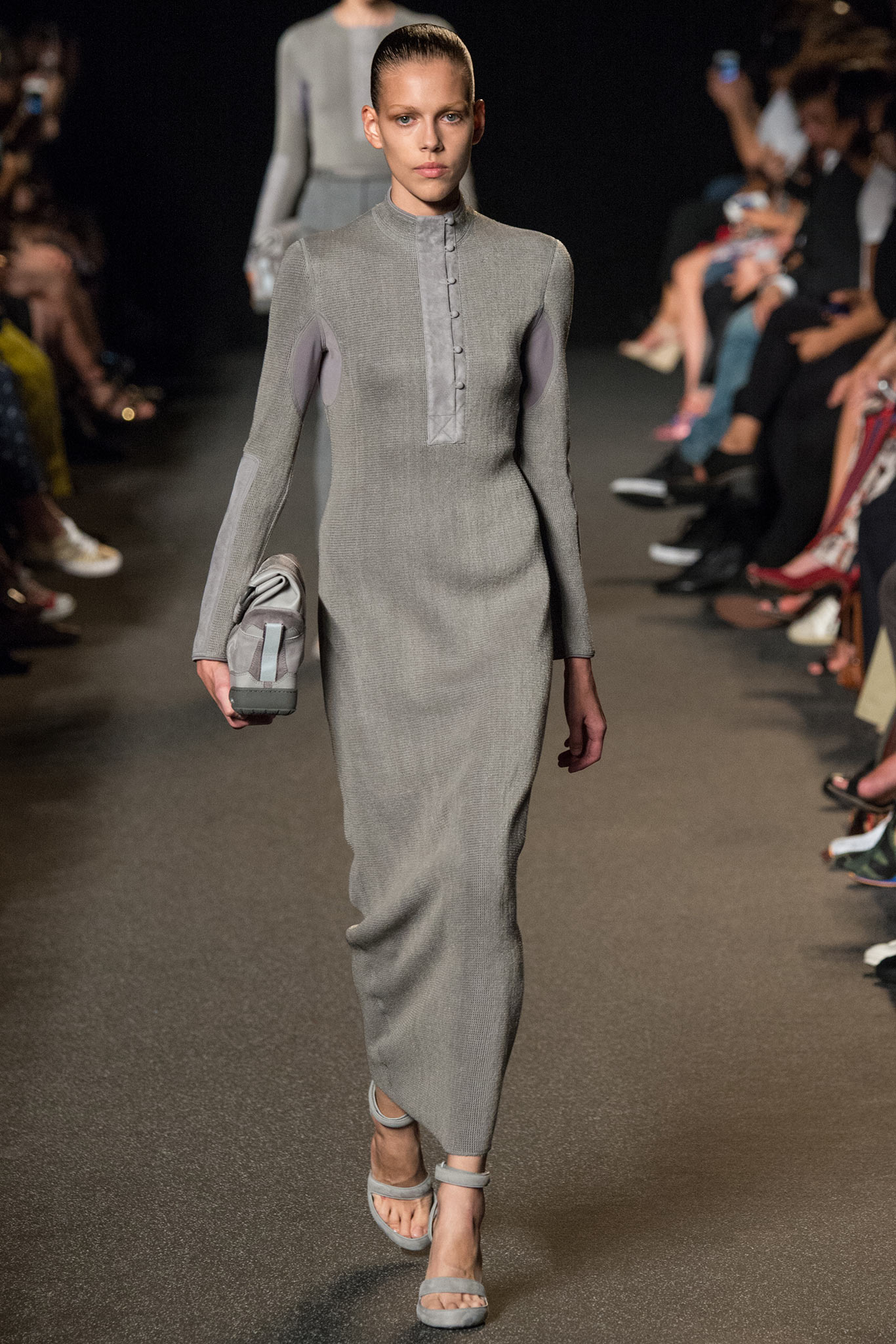 gray cotton long-sleeve collared fitted straight-leg midi dress