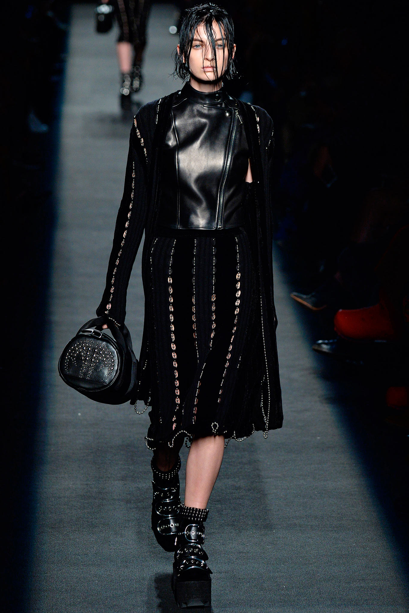 black leather long-sleeve collared structured zippered coat