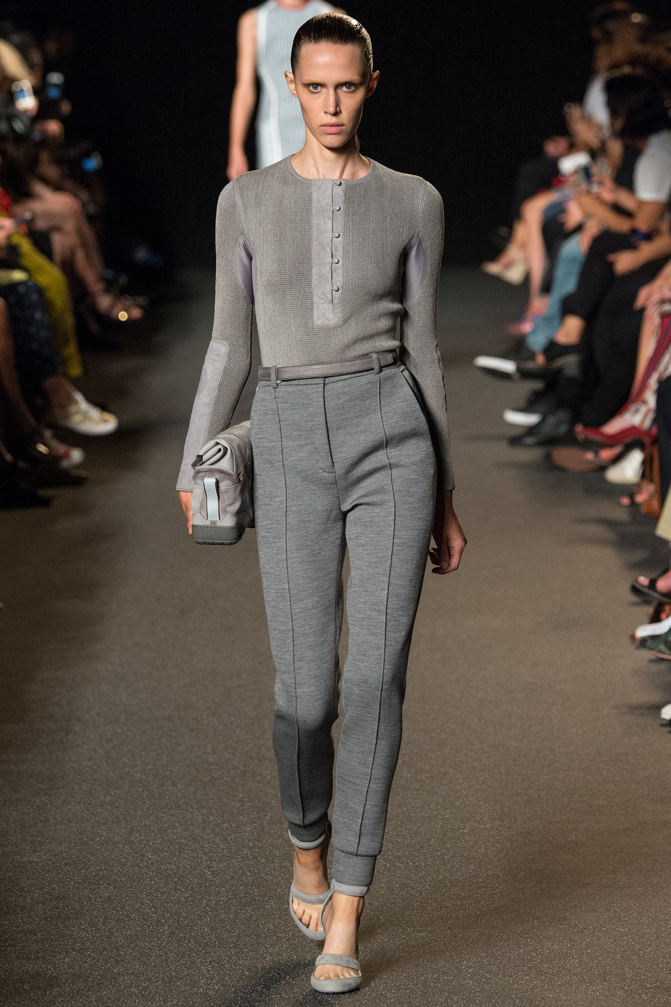 gray fitted top and tailored pants