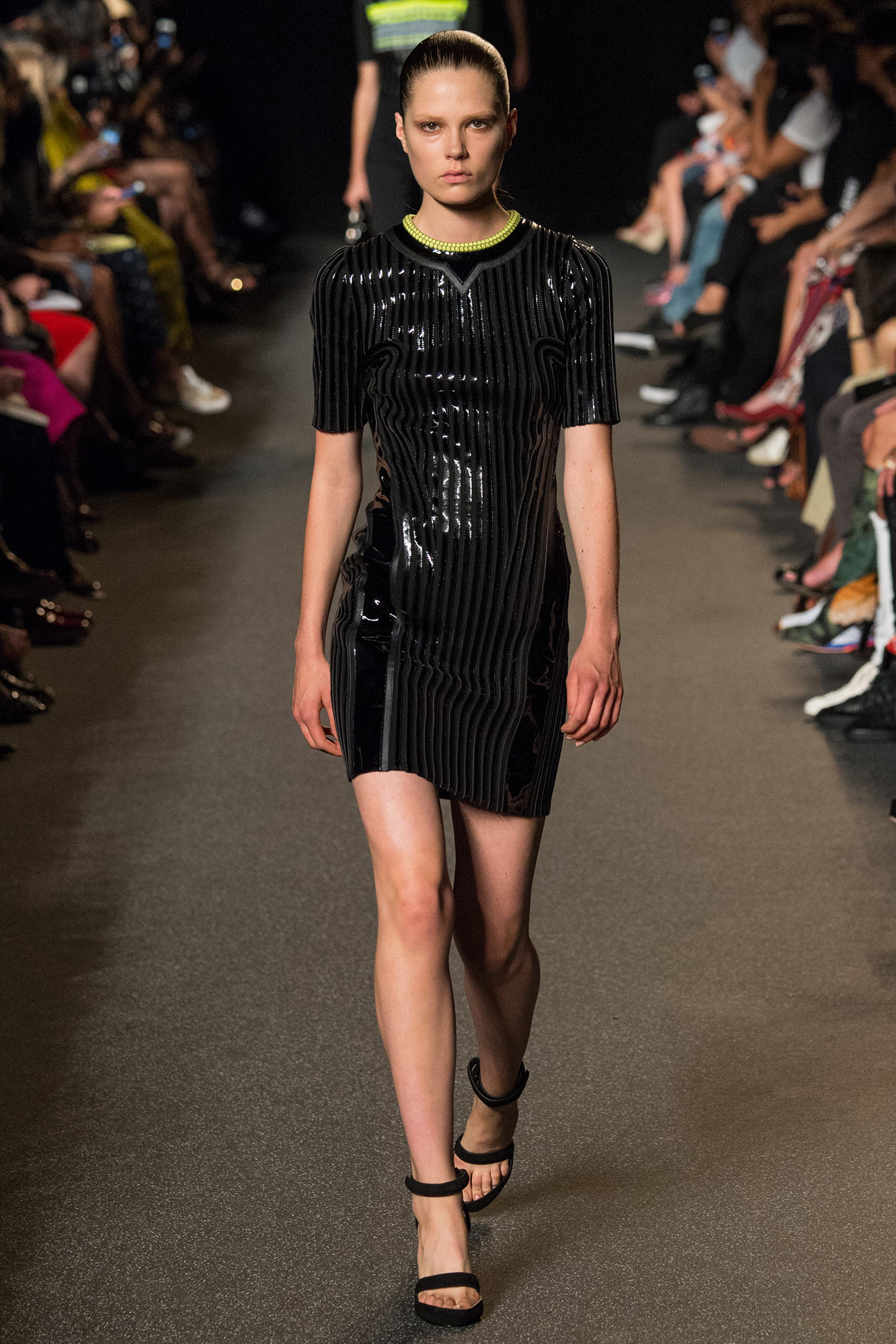 fitted black vinyl mini dress
