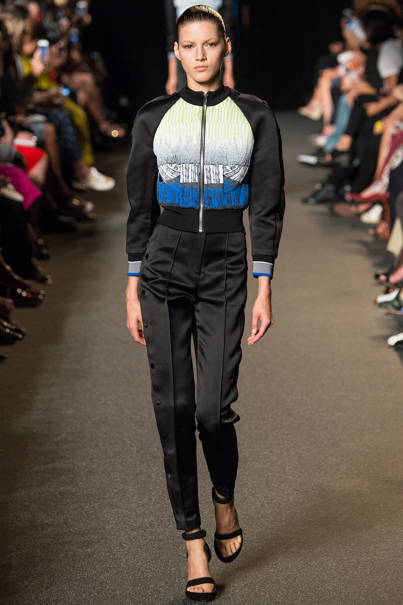 fitted black silk jacket and pants