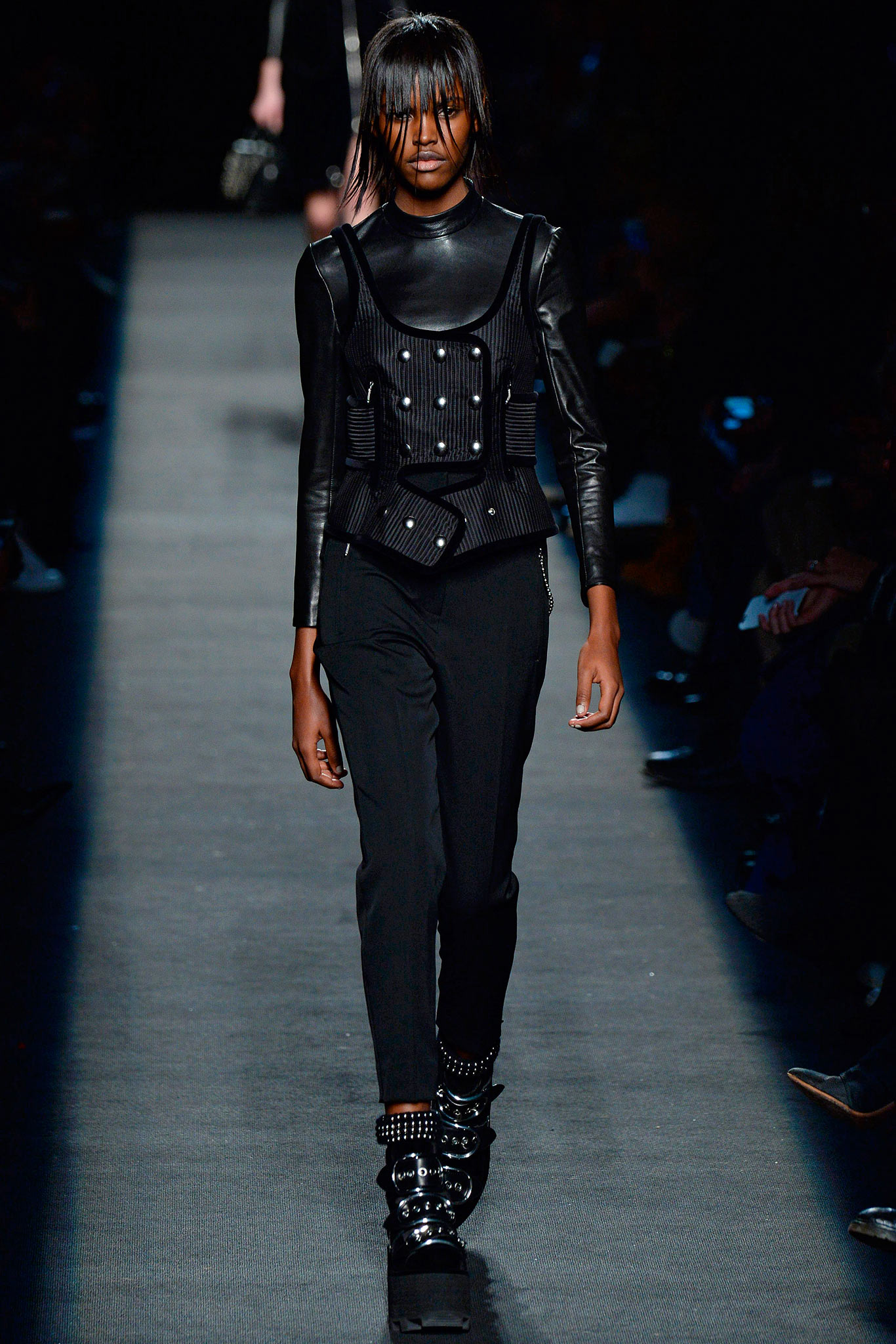 black leather sleeveless high-neck fitted structured zippered top