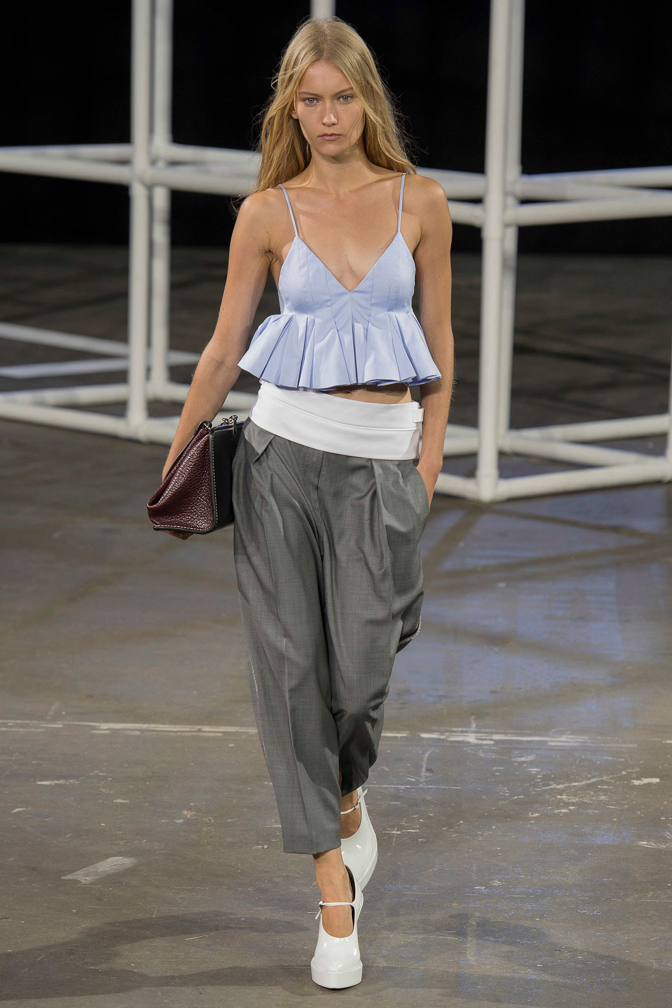blue cotton sleeveless v-neck fitted pleated top