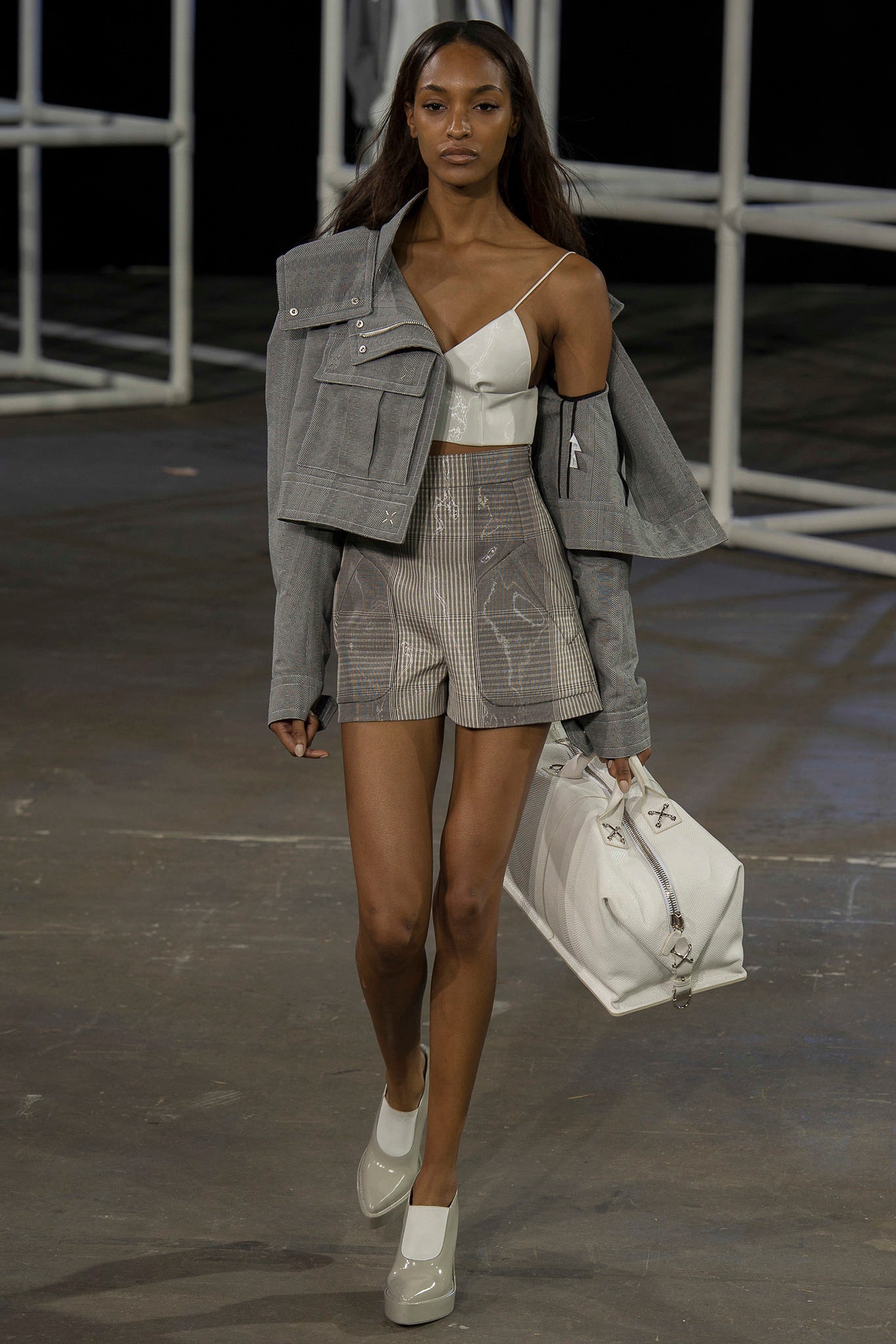 gray fitted jacket with white top