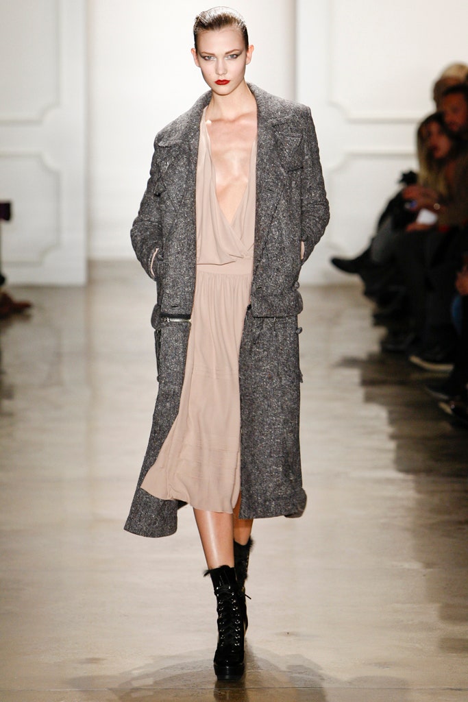 gray wool coat beige silk dress