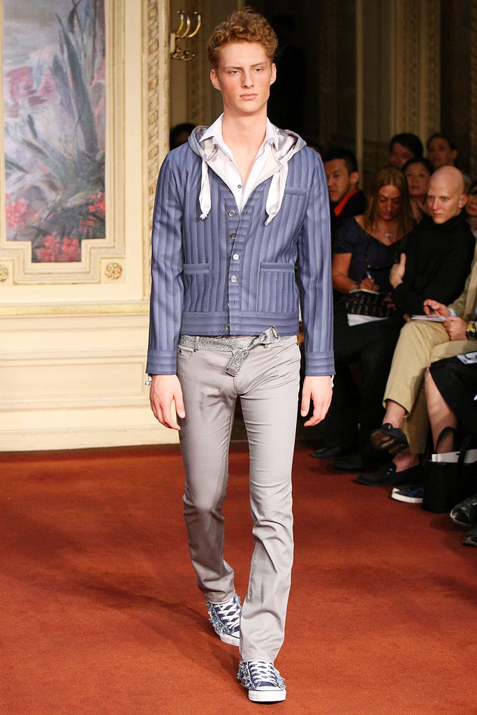 blue striped fitted jacket with gray pants