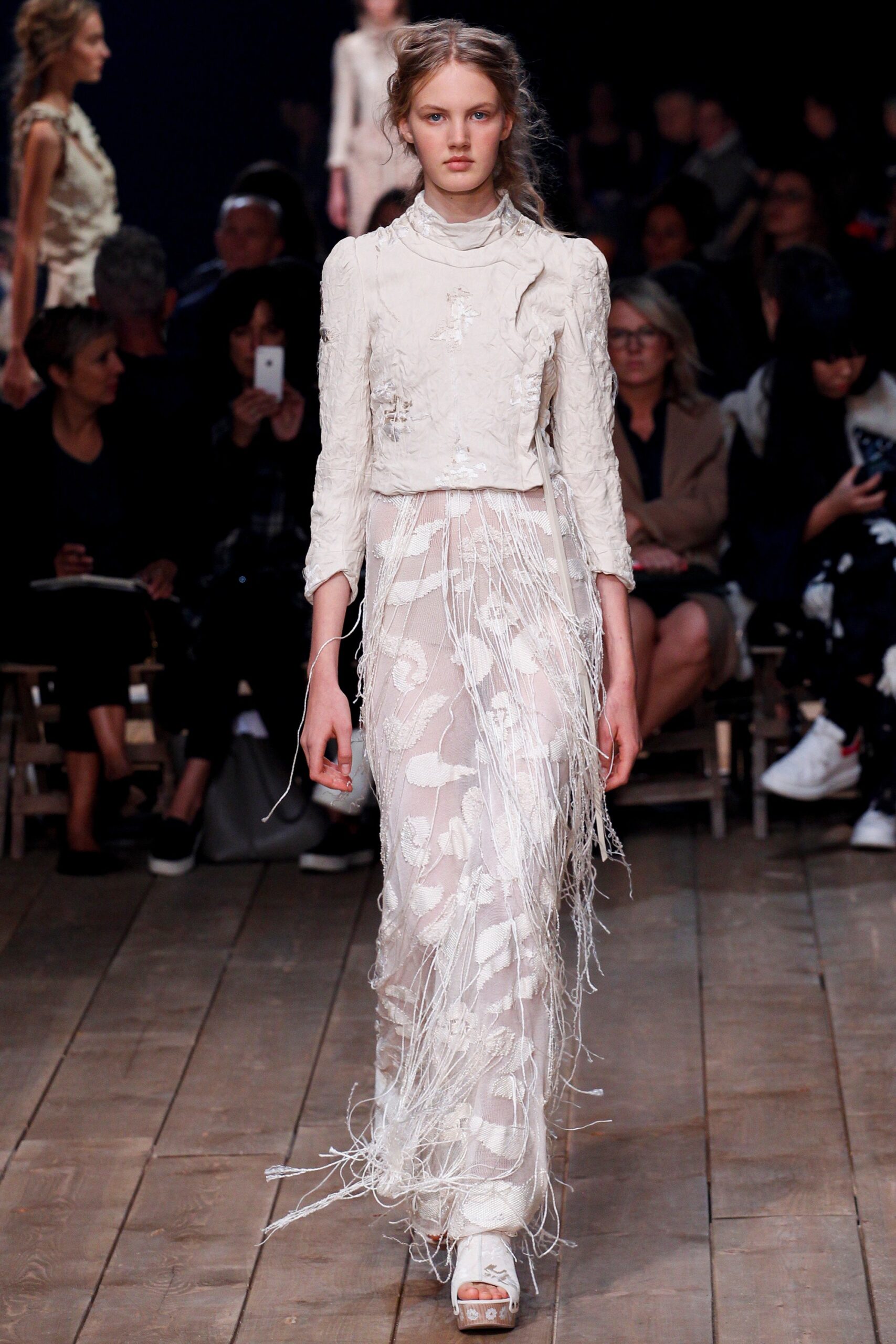 white silk embroidered gown