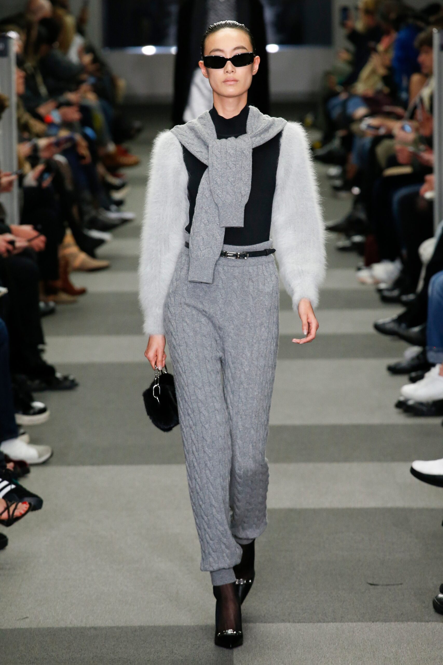 gray wool sweater with black top