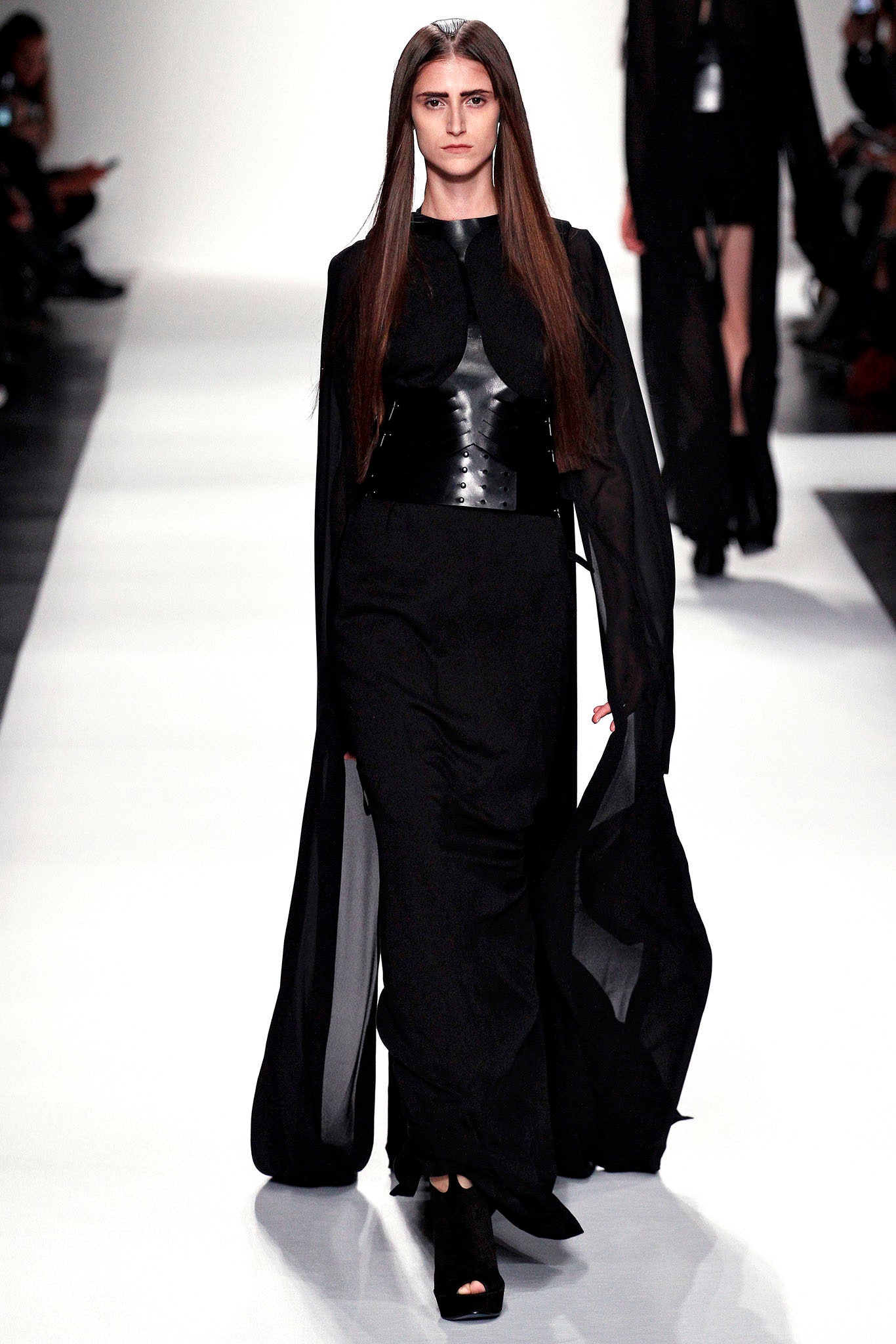 black leather fitted dress with cape