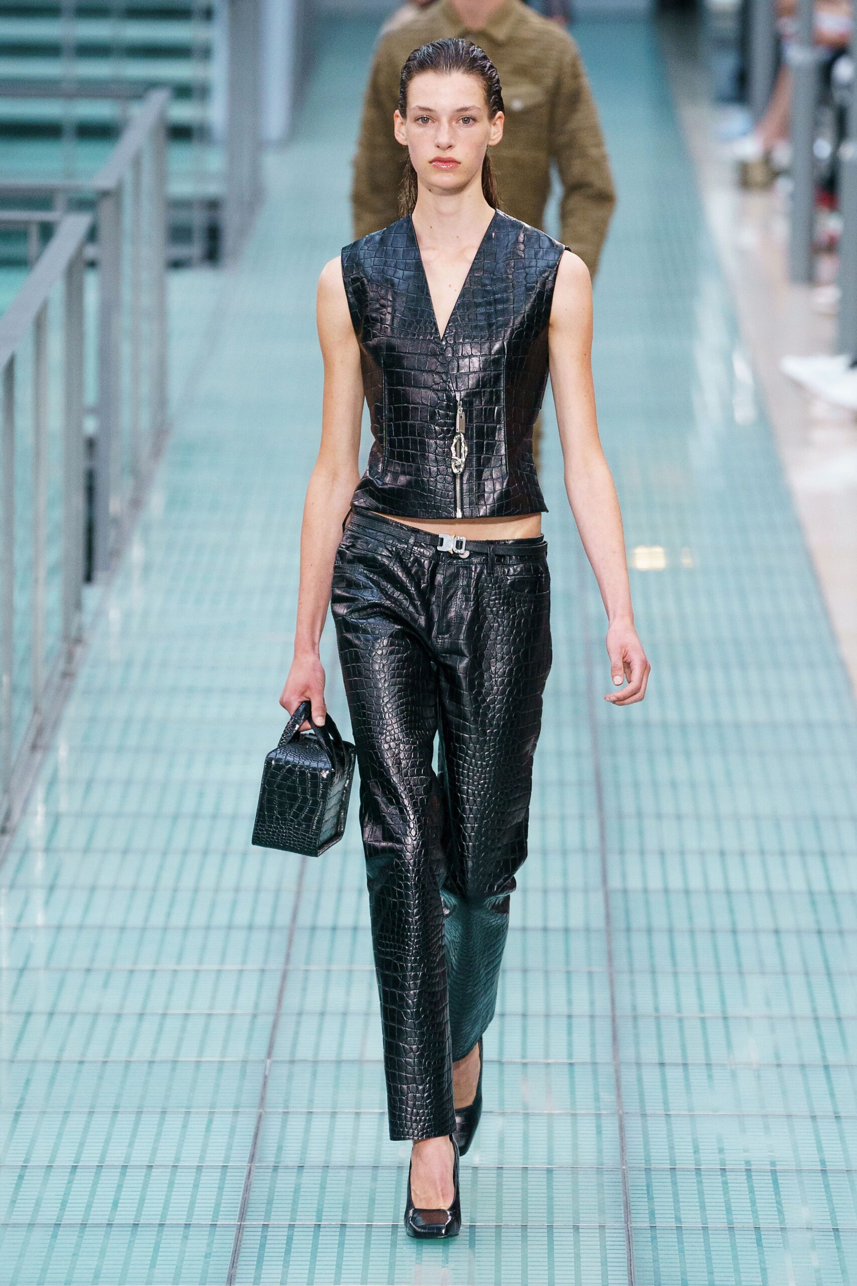 black leather fitted top and pants
