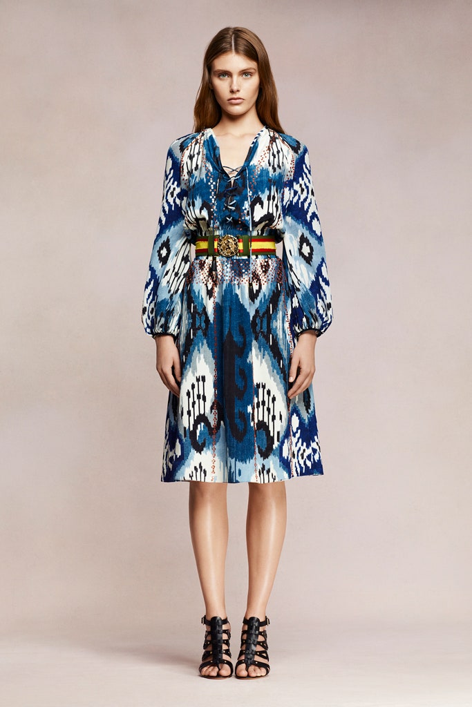 blue and white printed midi dress