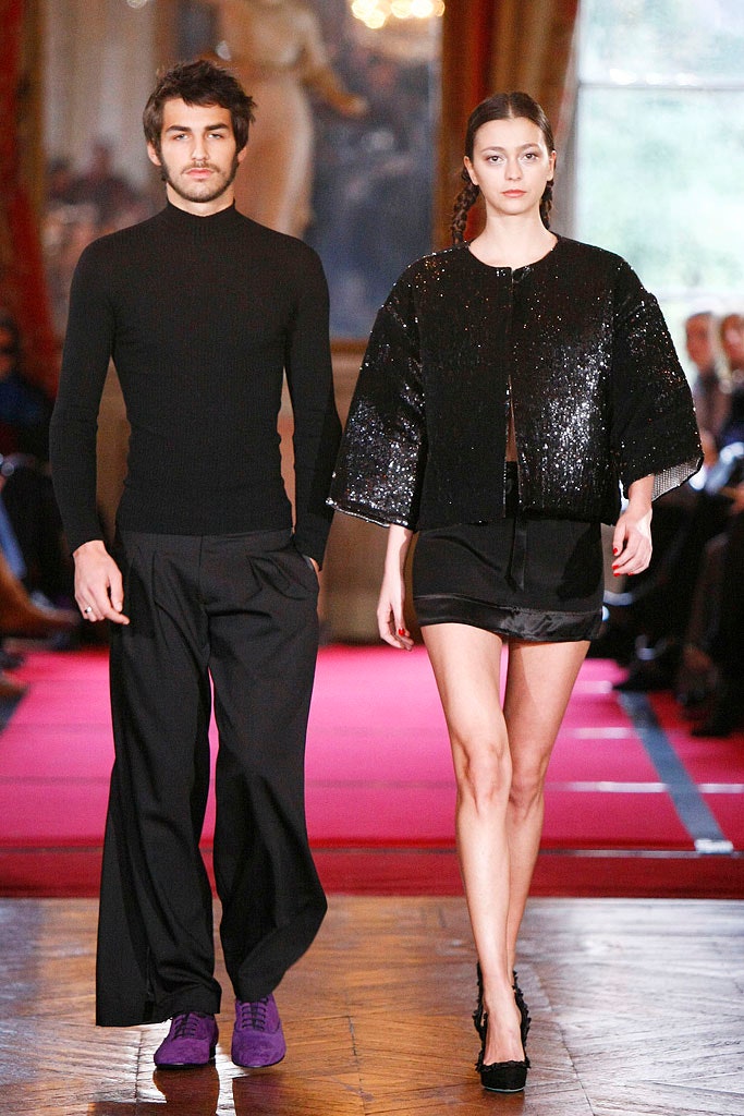 black sequined sleeveless top and mini skirt