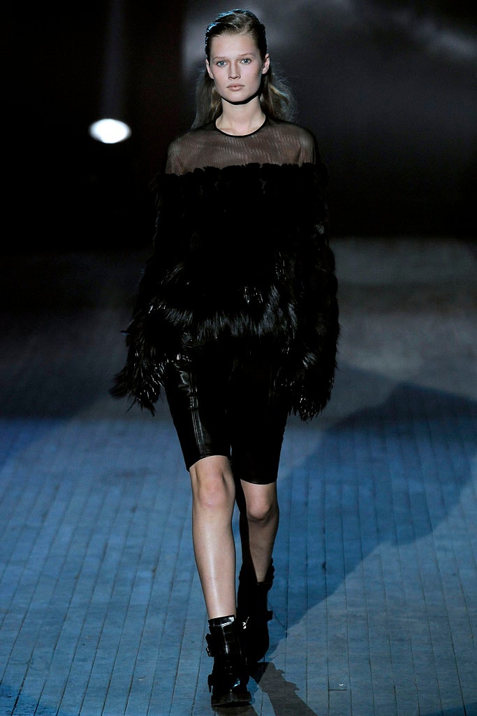 black fur top and leather skirt