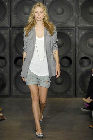 gray blazer white top denim shorts