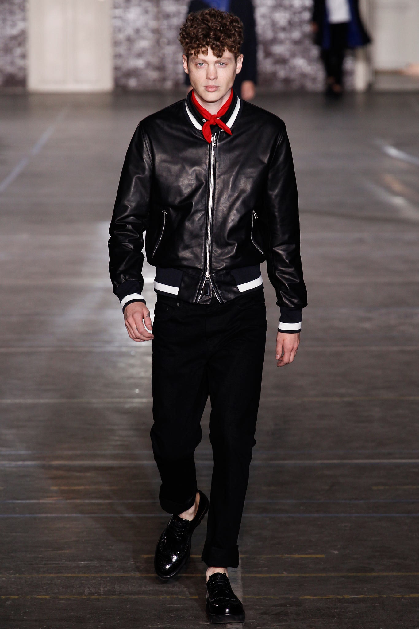 black leather jacket with red shirt