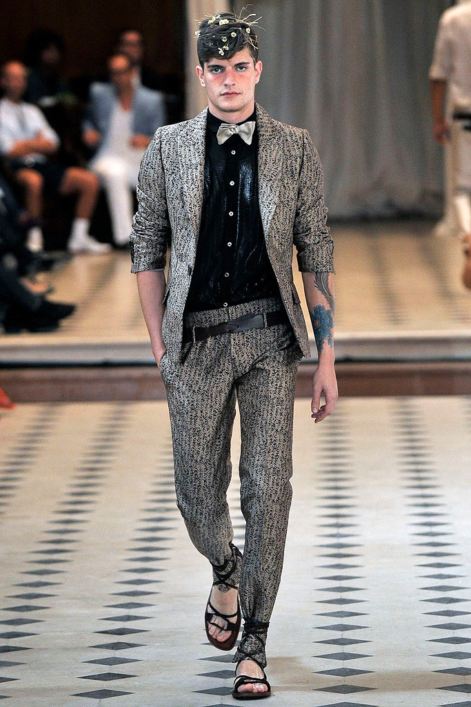 tailored gray suit with sandals