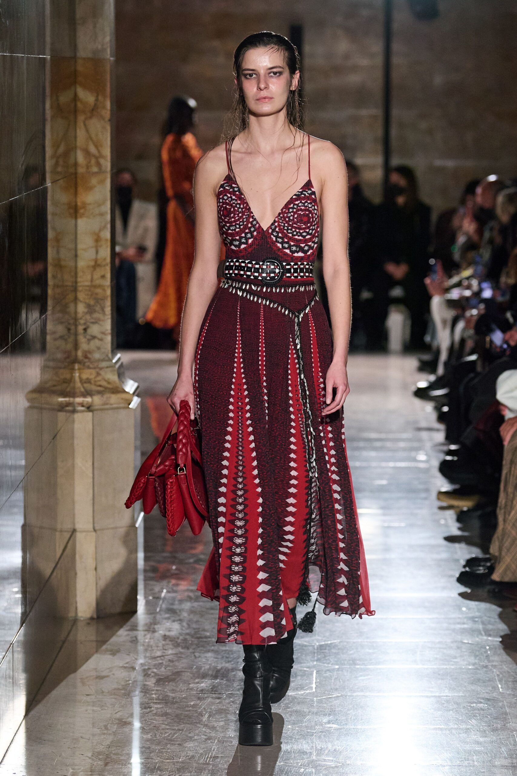 red cotton sleeveless v-neck fitted layered embroidered dress