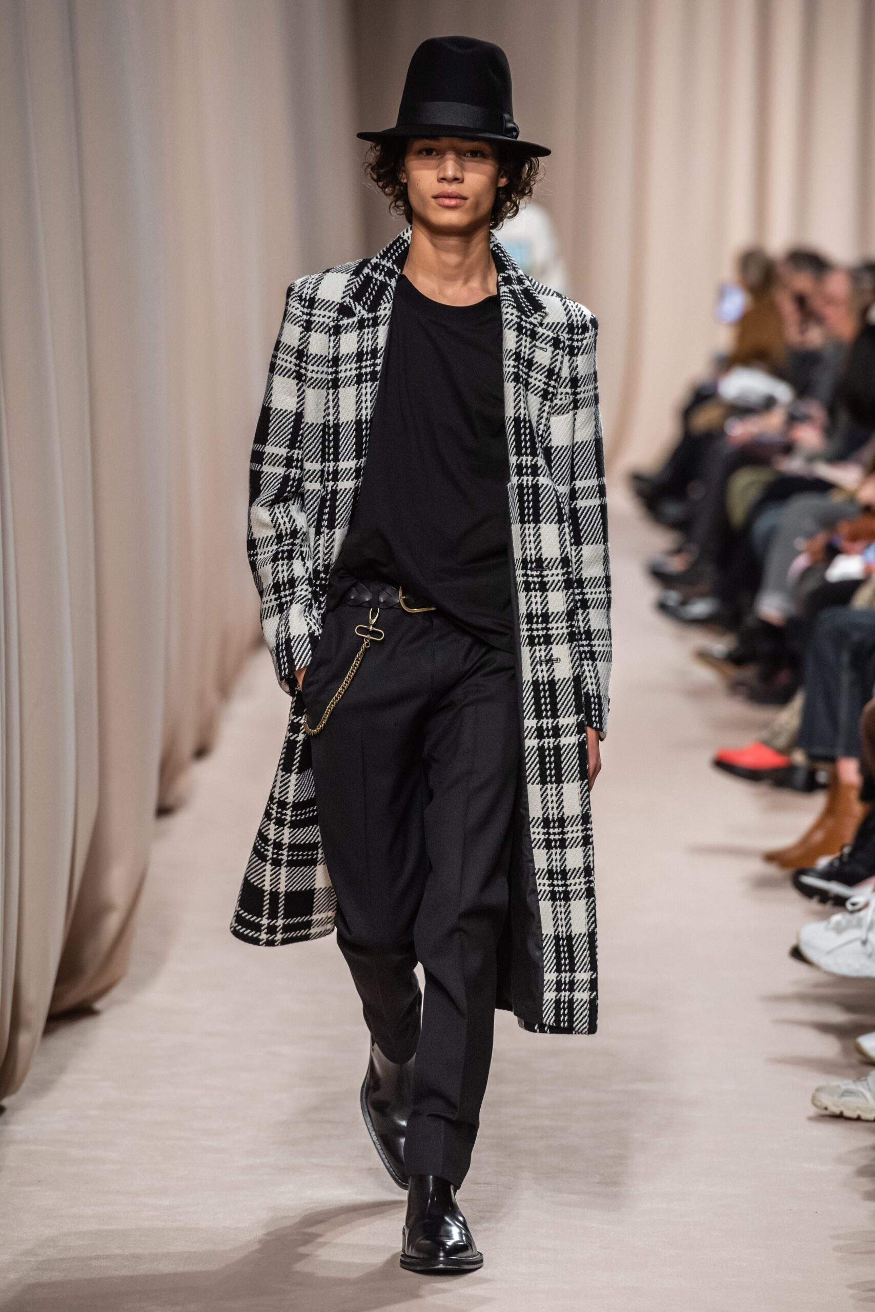 black and white checked coat