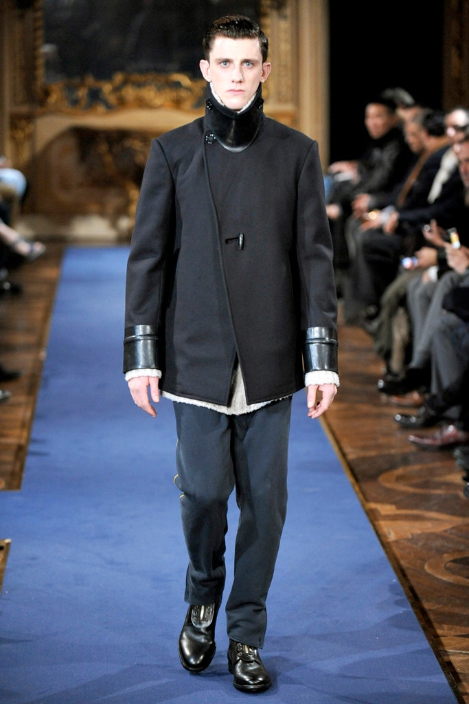 black wool coat gray pants