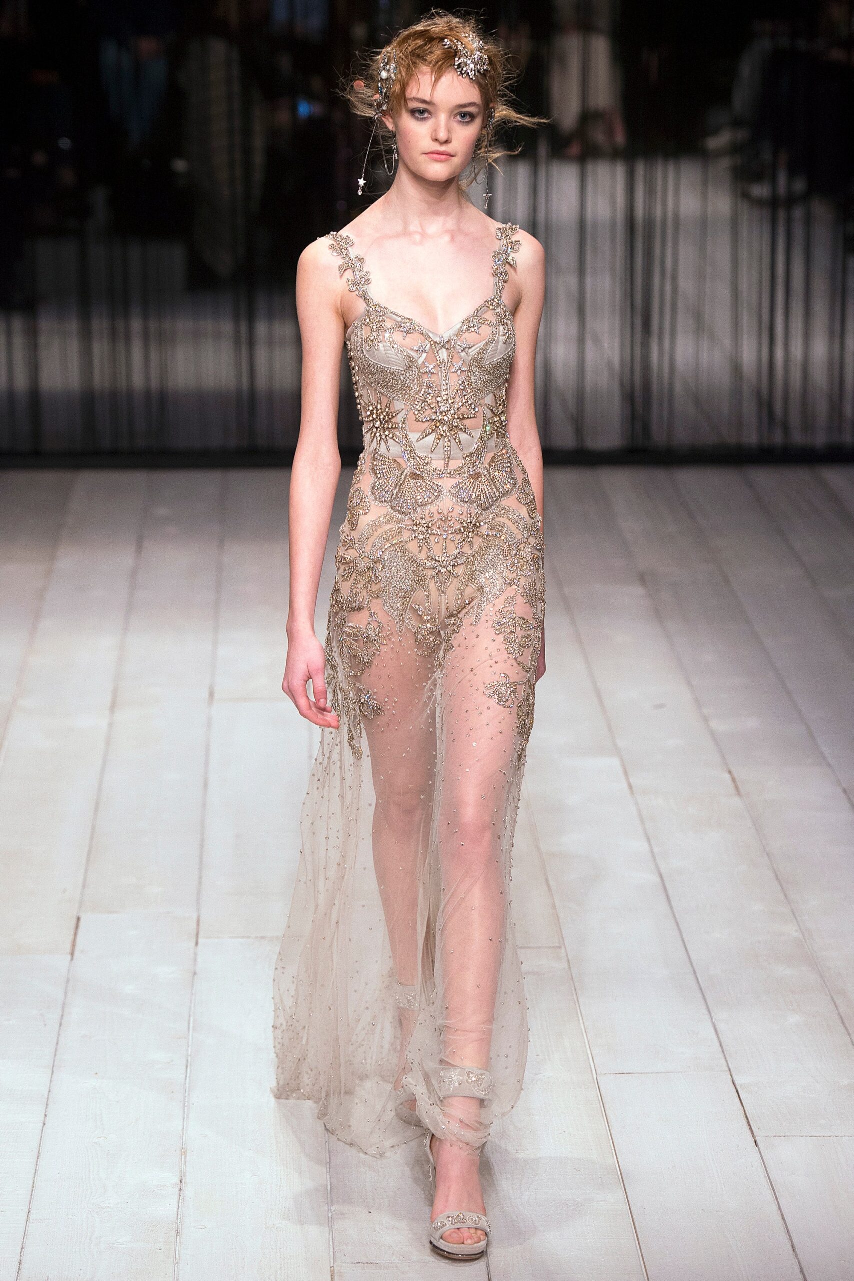 beige gold embroidered gown