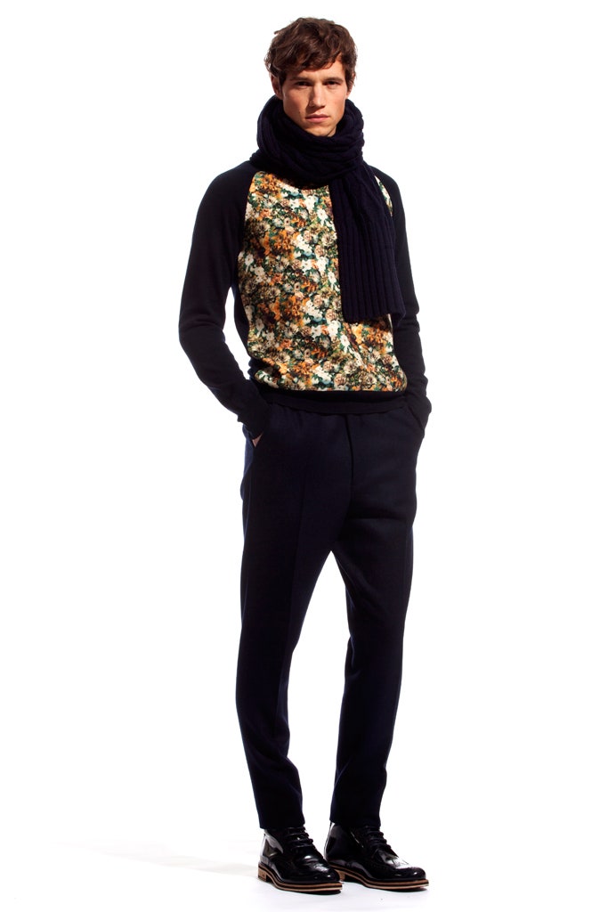 black floral sweater with tailored pants