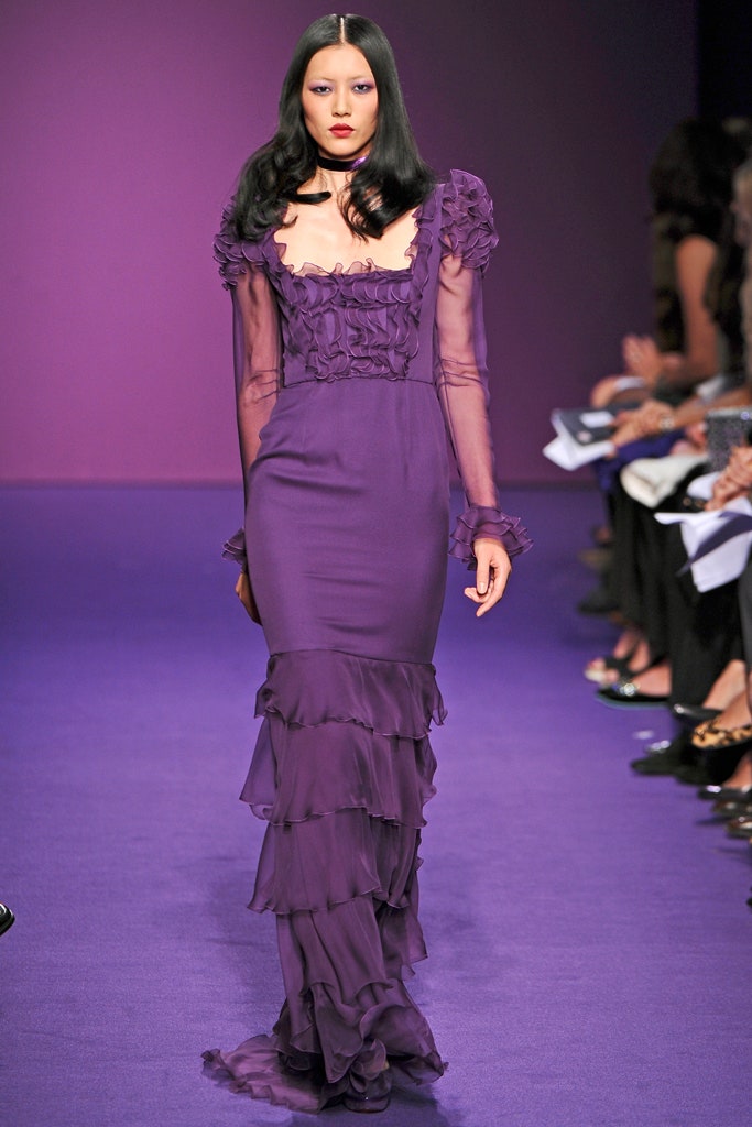 purple silk fitted gown
