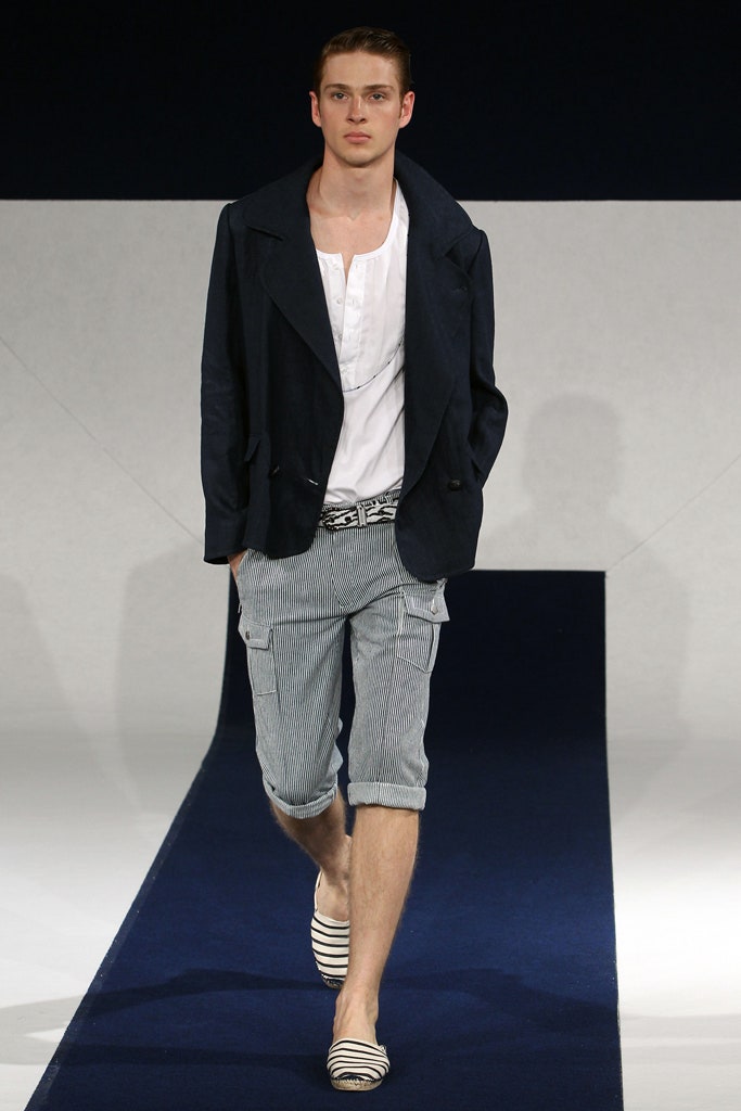 blue relaxed jacket with gray cargo shorts