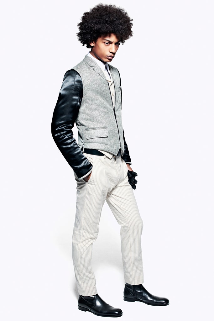 gray wool fitted vest with black gloves