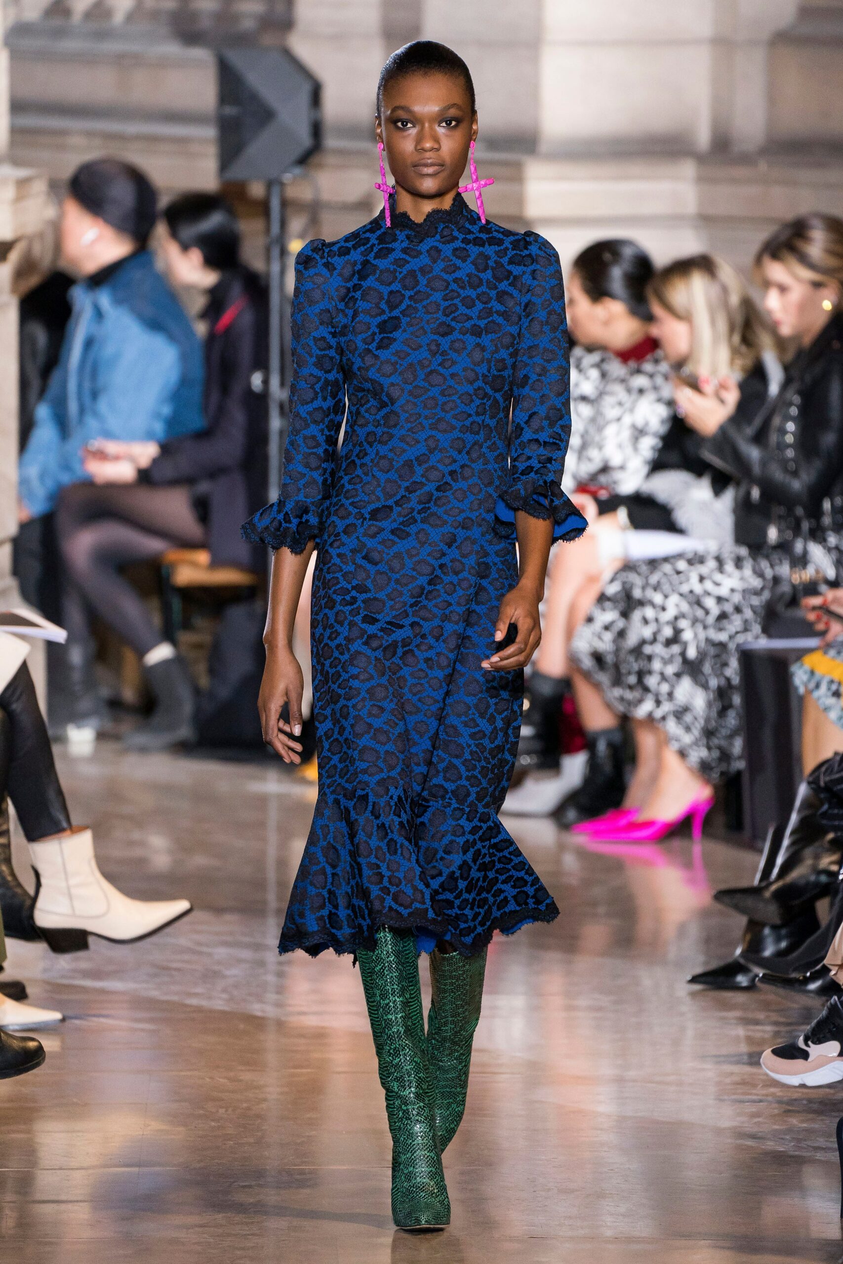 blue lace long-sleeve high-neck fitted printed tiered dress