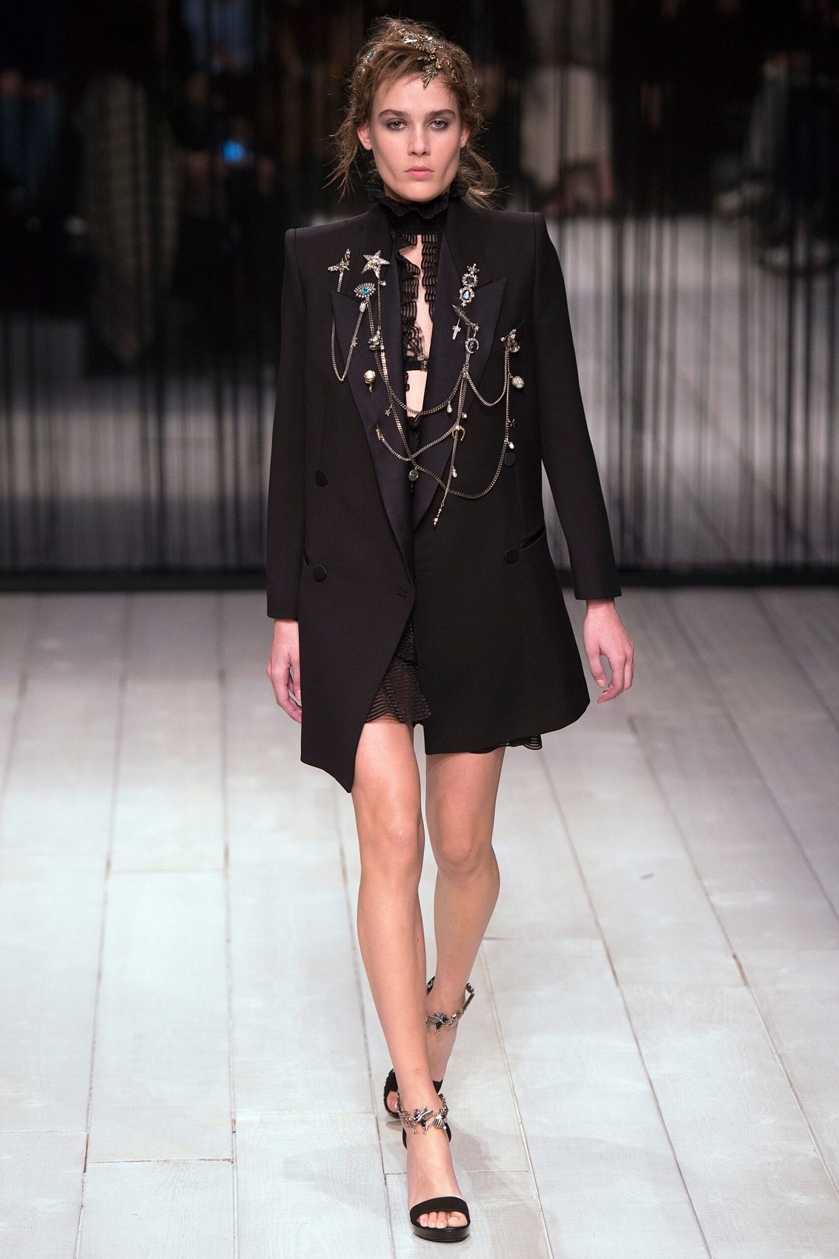 black fitted blazer and lace dress